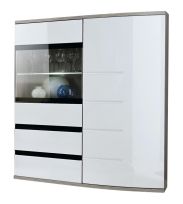 Vitrine Nese 04, Couleur : Blanc brillant / Chêne San Remo - dimensions : 125 x 100 x 36 cm (h x l x p), avec grand espace de rangement