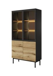 Grande vitrine avec éclairage LED Zeraoua 01, lamelles de chêne, quatre portes, Couleur : Noir / Chêne, Push-to-open, Dimensions : 188 x 100 x 39 cm, 10 compartiments