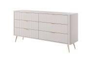 Commode six tiroirs Sloughia 02, protection des bandes de chant ABS, Couleur : Beige, Dimensions : 81 x 163 x 38 cm, Poignées & pieds : métal, design moderne à lamelles