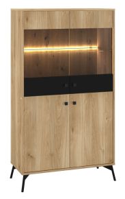 Vitrine Lincolnia 03, Couleur : Chêne / Noir - Dimensions : 160 x 90 x 40 cm (H x L x P), avec 4 portes et 4 compartiments