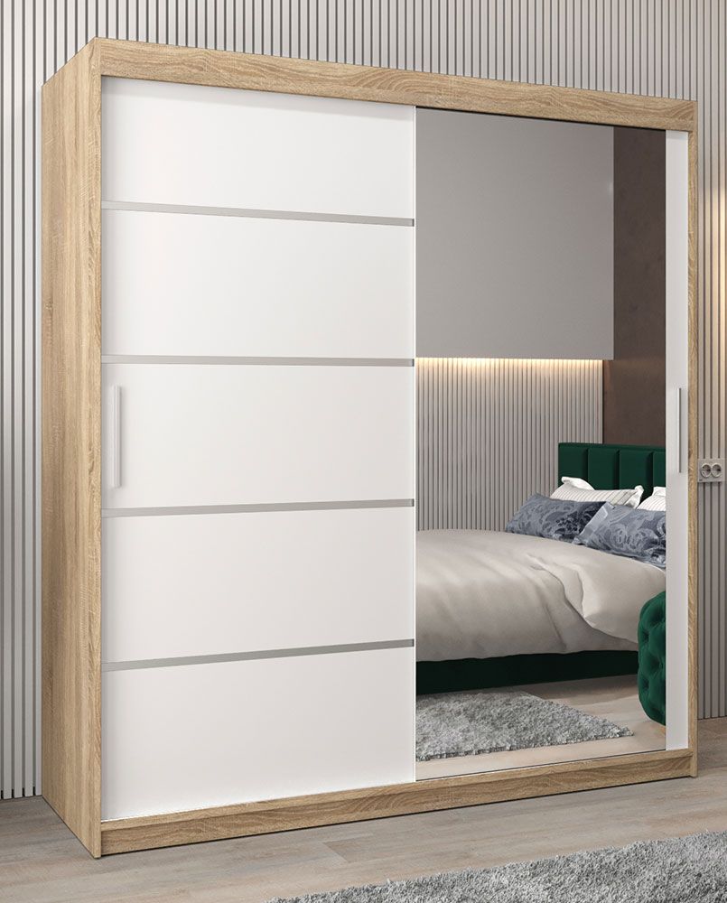 Armoire à portes coulissantes / Penderie Jan 04B avec miroir, Couleur : Chêne de Sonoma / Blanc Mat - Dimensions : 200 x 180 x 62 cm ( H x L x P)