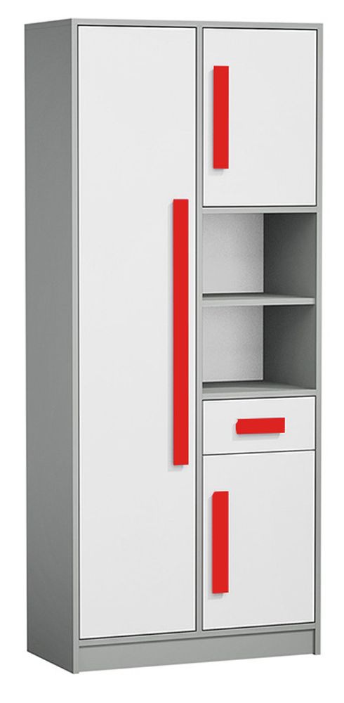 Chambre des jeunes - armoire Olaf 03, couleur : anthracite / blanc / rouge, partiellement massif - 191 x 80 x 40 cm (H x L x P)