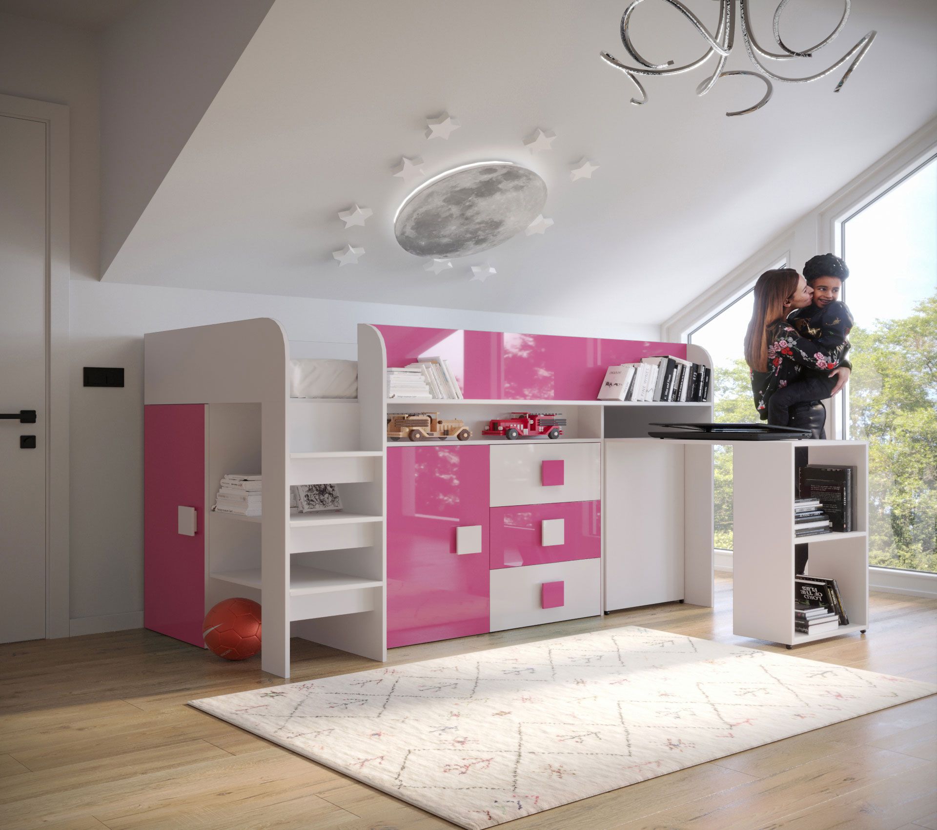 Lit fonctionnel stylé / lit d'enfant avec espace de rangement et bureau Jura 53, protection des bords en ABS, couleur : blanc / rose, surface de couchage : 90 x 200 cm, nombreuses possibilités d'utilisation