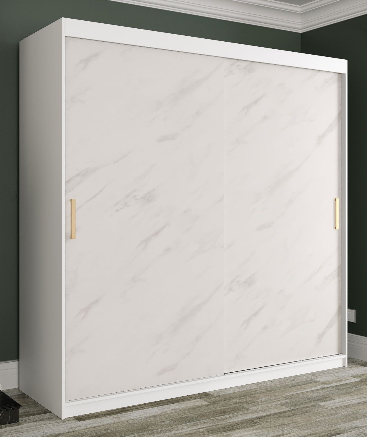 Armoire noble avec grand espace de rangement Etna 44, Couleur : Blanc mat / Marbre blanc - Dimensions : 200 x 200 x 62 cm (h x l x p), avec 10 compartiments et deux tringles à vêtements