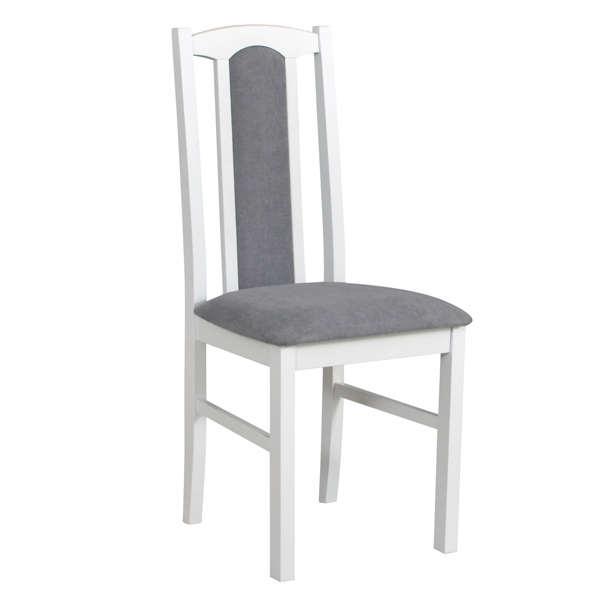 Chaise Madohn de style classique, hêtre massif robuste en blanc, assise confortablement rembourrée en gris, rembourrage en mousse T-25 pour un grand confort