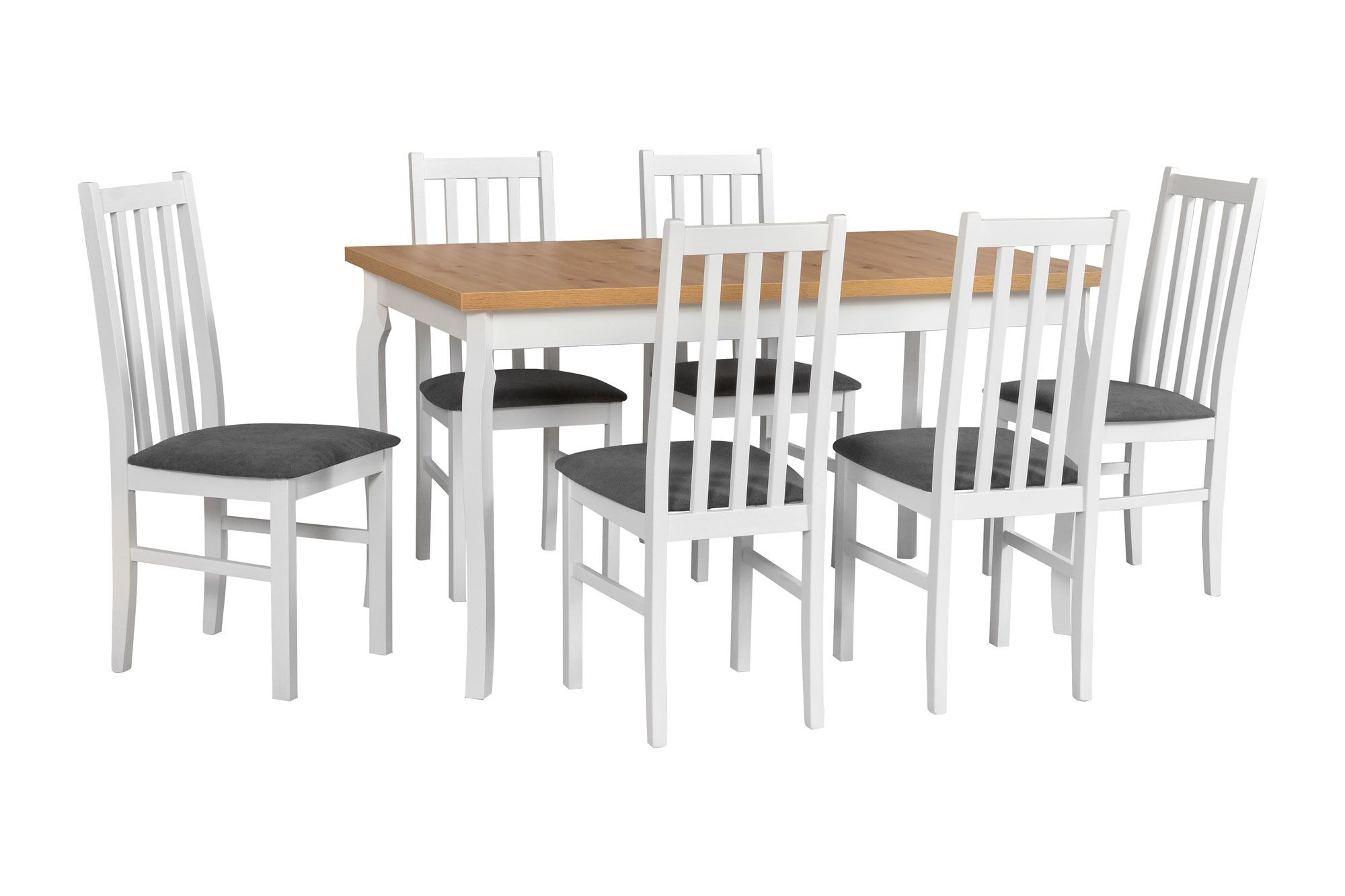 Salle à manger - Set G, 7 - pièces, table extensible, fauteuils rembourrés, couleur : blanc/chêne, design moderne et simple, très bonne stabilité