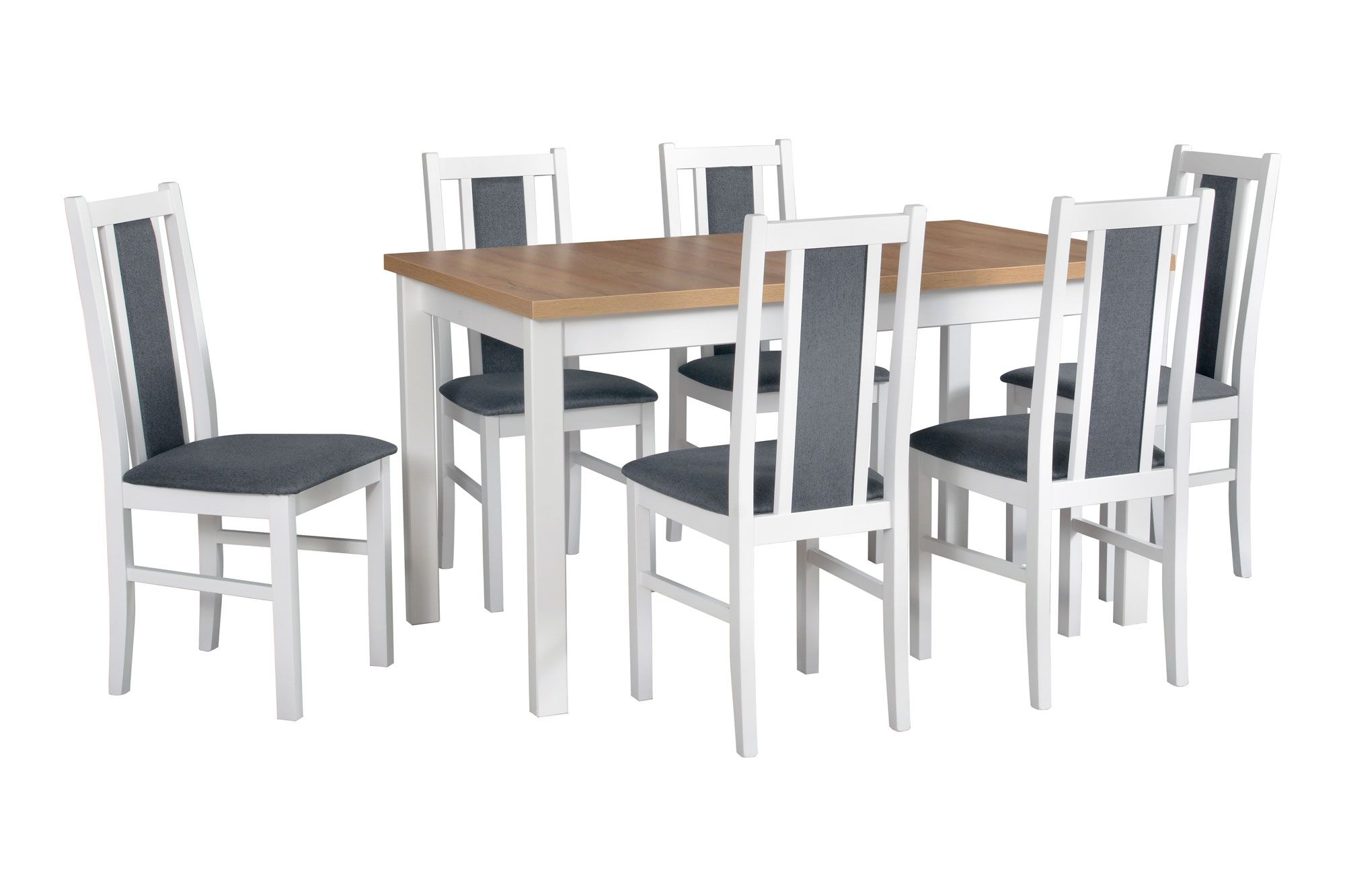 Salle à manger - Set J, 7 - pièces, grande table de salle à manger en blanc / chêne, 6 chaises en bois rembourrées, design moderne et simple, belle veinure