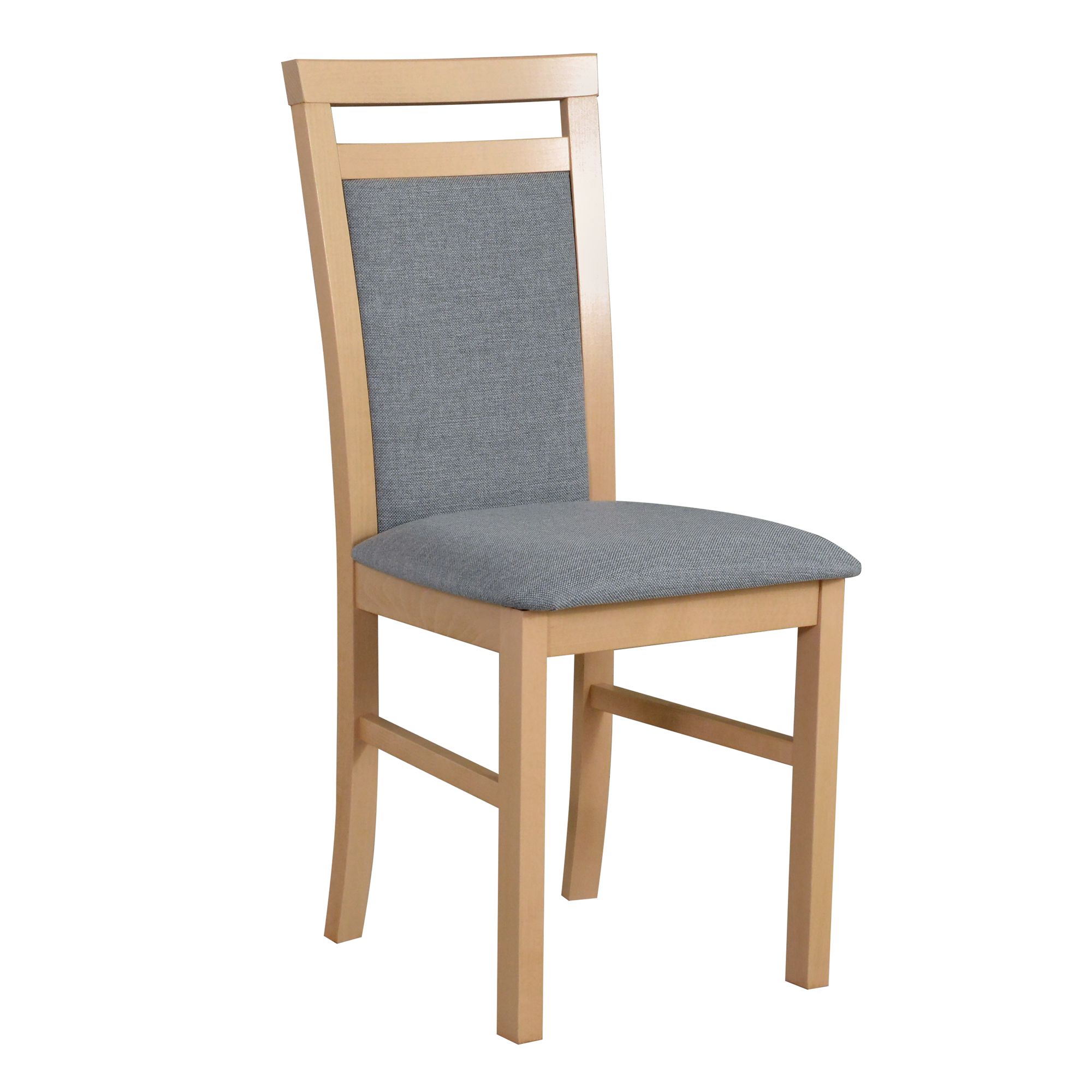 Chaise en bois couleur chêne Smilten avec rembourrage gris, hauteur d'assise de 47 cm, en hêtre massif, aspect classique, rembourrage en mousse T-25