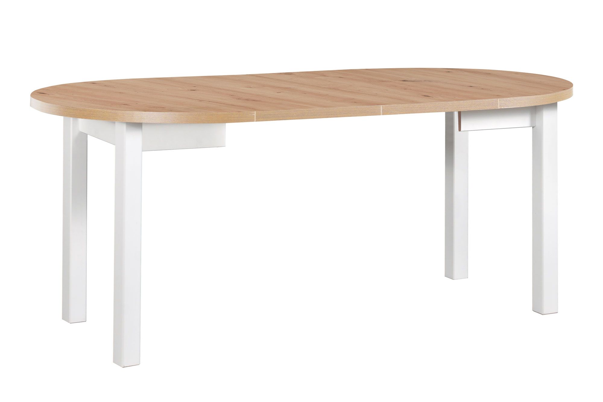 Table de salle à manger extensible ILZE au design simple, blanc/chêne, peu encombrante, dimensions Ø 100/180 (H x P), hauteur du plateau 32 mm, plateau de table laminé