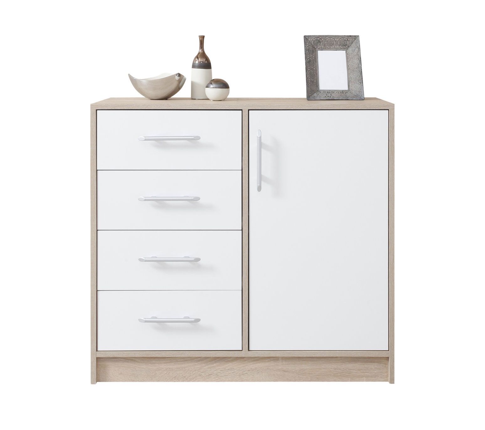 Commode étroite Hannut 15, Couleur : Blanc / Chêne - Dimensions : 84 x 90 x 40 cm (H x L x P)