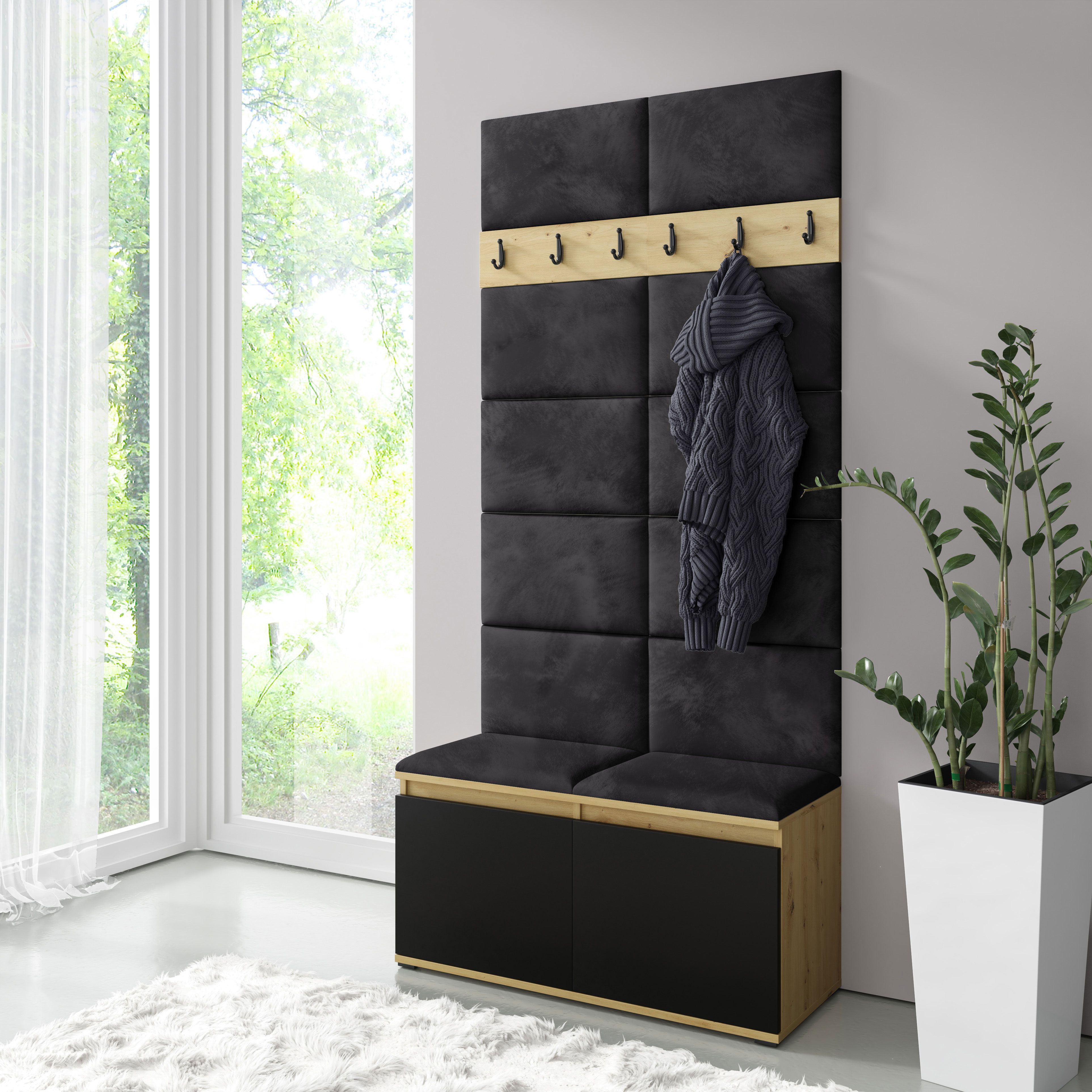 Vestiaire 01 avec banc rembourré et mur, Artisan/Noir, armoire à chaussures avec 4 compartiments, 215x100x40 cm, pour 8 paires de chaussures, 6 patères