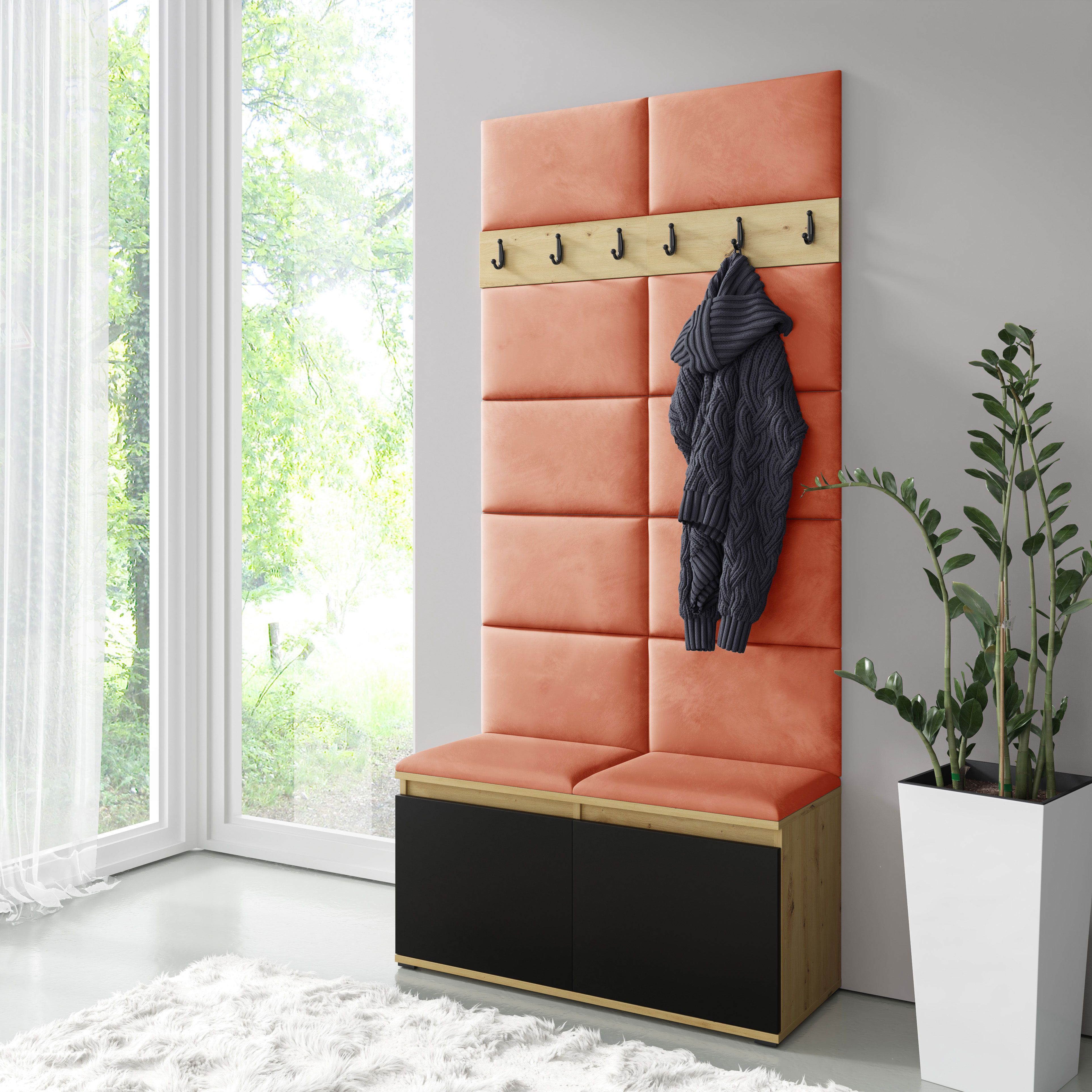 Vestiaire 01 avec banc rembourré, pour 8 paires de chaussures, Artisan/Noir/Orange, 215 x 100 x 40 cm,6 porte-manteaux, armoire à chaussures avec 4 compartiments