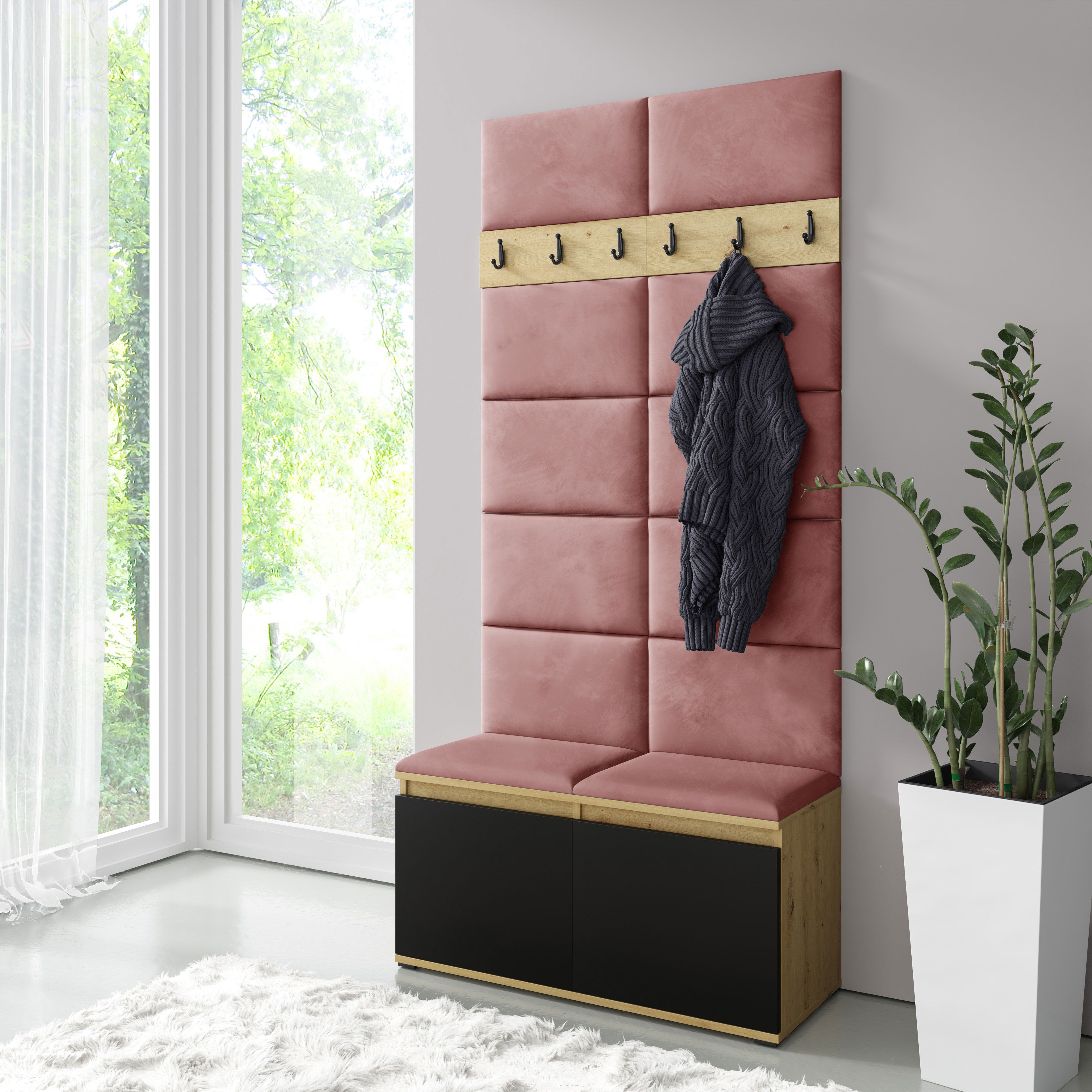 Vestiaire 01 avec banc/panneau rembourré, Artisan/Noir/Misty Rose, 215x100x40 cm, pour 8 paires de chaussures, 6 patères, armoire à chaussures avec 4 compartiments