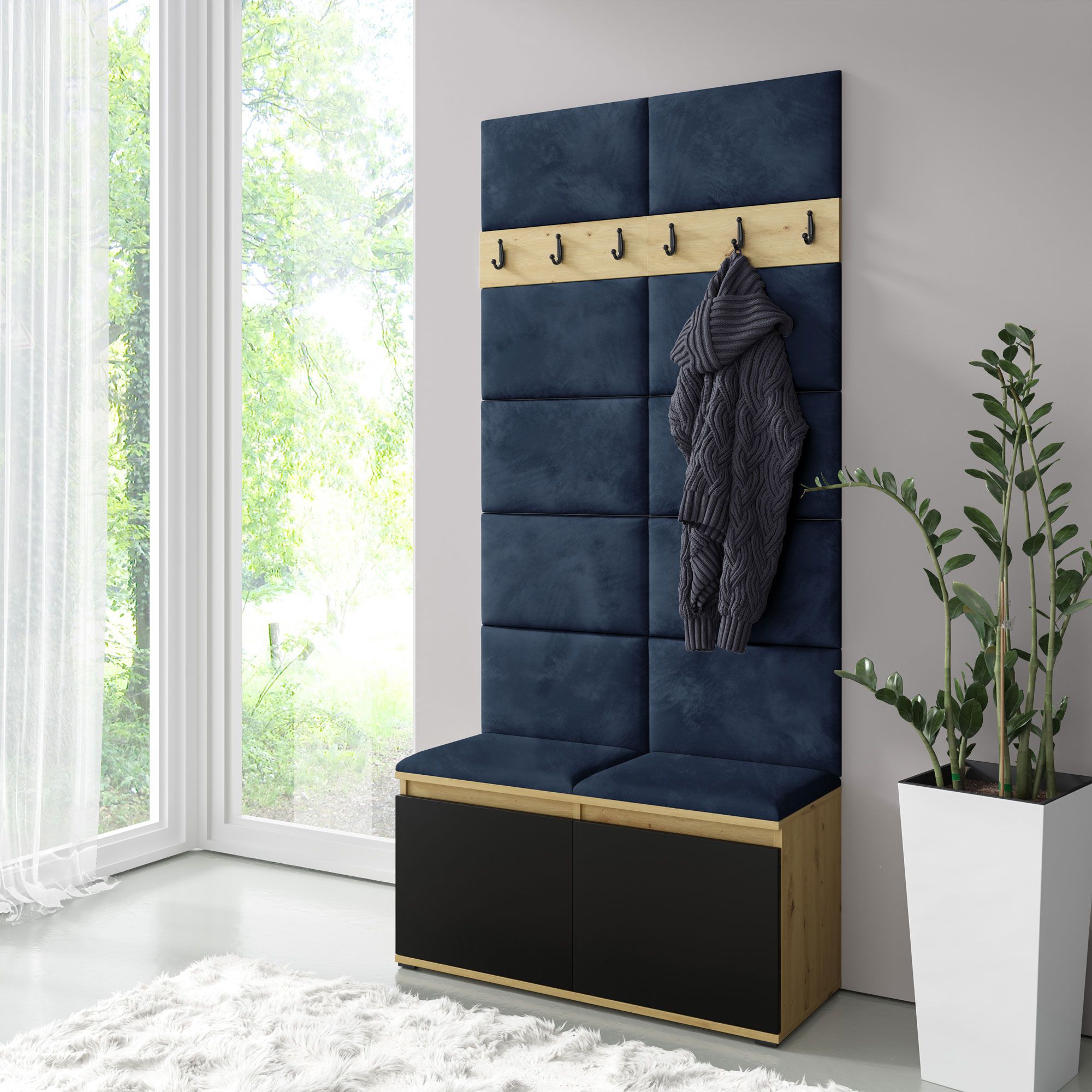 Vestiaire 01 avec banc rembourré de 1 mètre de large, armoire à chaussures pour 8 paires de chaussures, Artisan/Noir/Bleu profond, 215 x 100 x 40 cm, 4 casiers, 6 patères