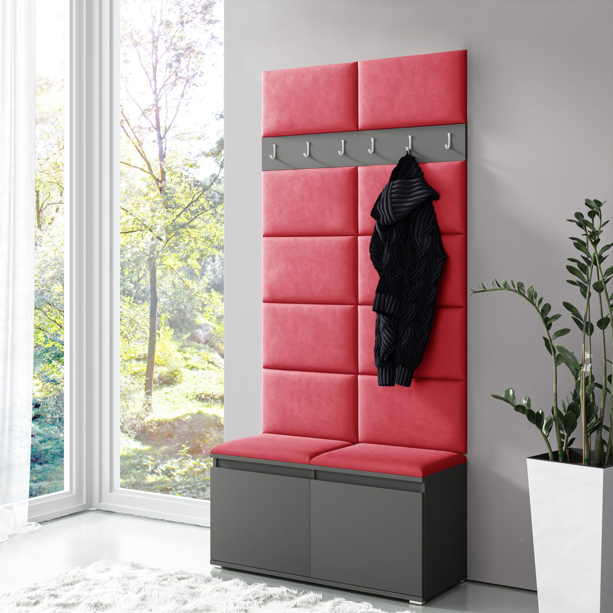 Vestiaire 01 avec panneaux rembourrés rouges pour banc et mur, graphite/rouge, 215 x 100 x 40 cm, armoire à chaussures pour 8 paires de chaussures, 6 patères, 4 casiers