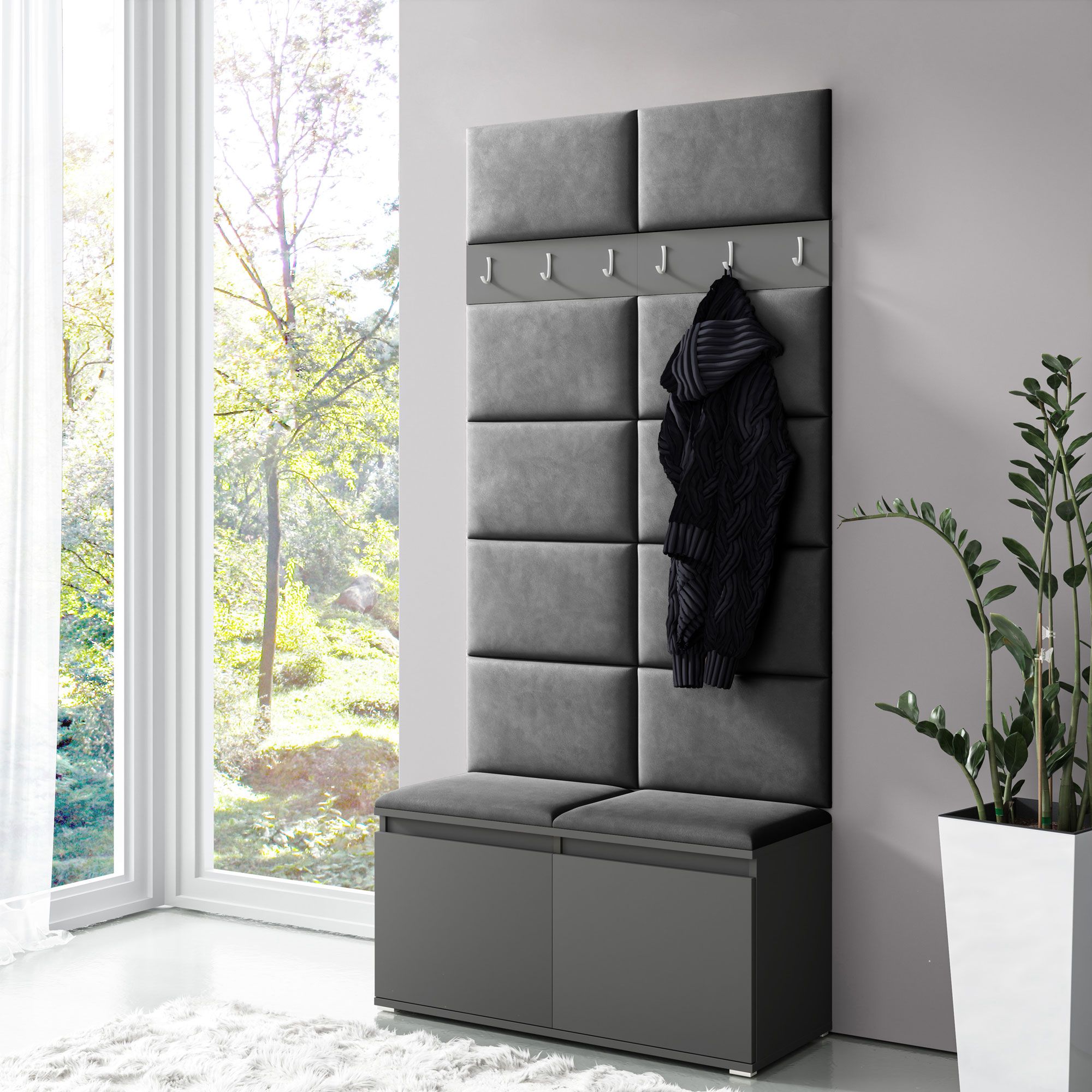 Petit vestiaire 01 avec armoire à chaussures pour 8 paires de chaussures, Graphite/Light Black, 215 x 100 x 40 cm, 6 patères, panneaux rembourrés pour banc et mur