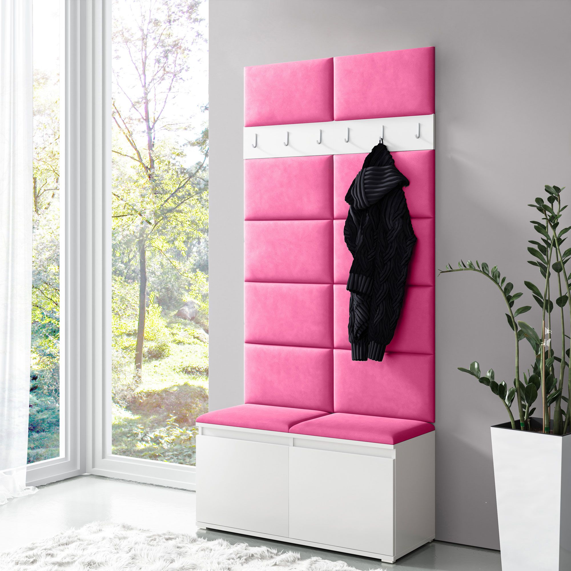 Vestiaire 01 avec panneaux rembourrés roses pour banc et mur, armoire à chaussures pour 8 paires de chaussures, blanc/rose, 215 x 100 x 40 cm, 6 patères, 4 casiers