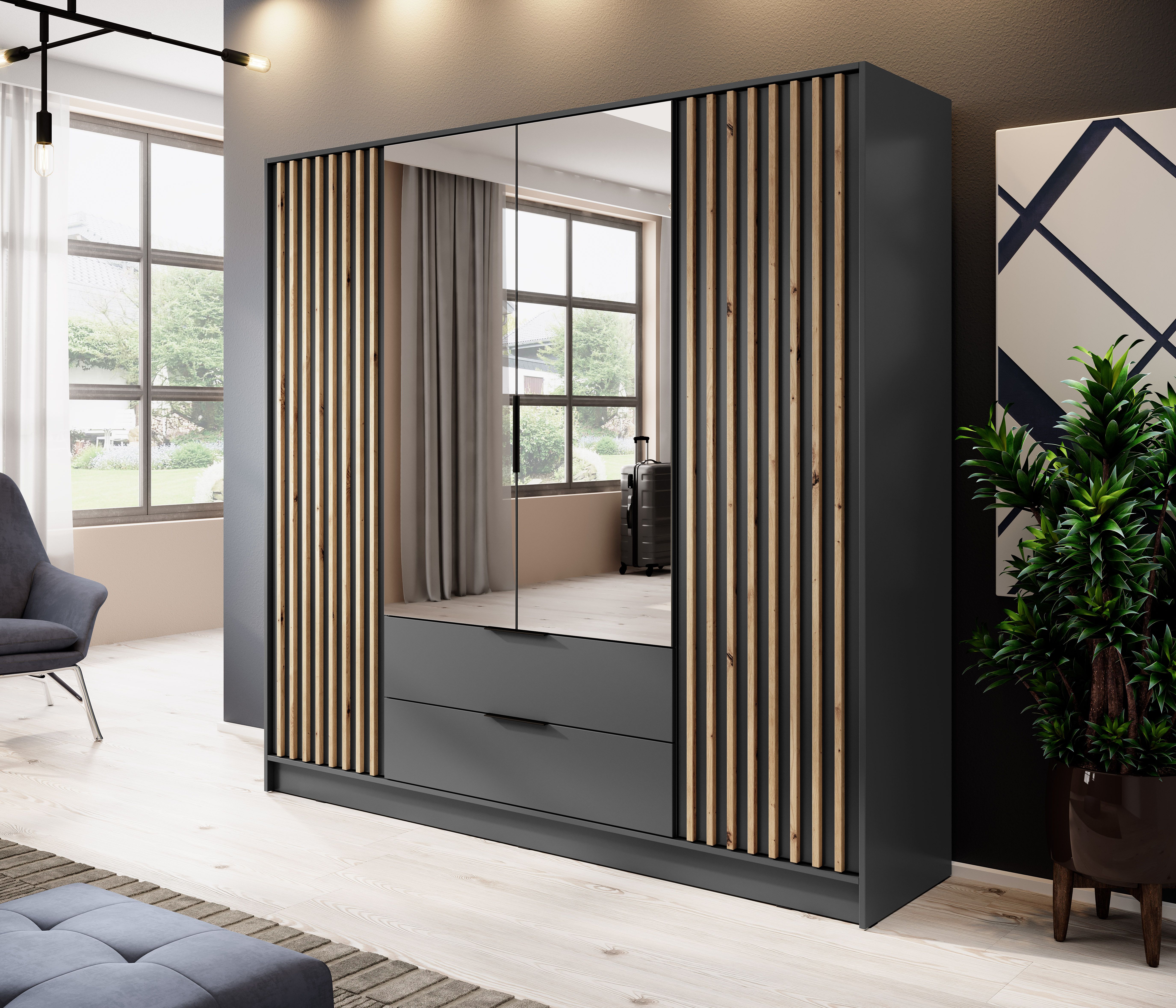 Armoire moderne avec miroir Leeds 04, couleur : Graphite - dimensions : 200 x 206 x 51 cm (h x l x p), avec deux tiroirs