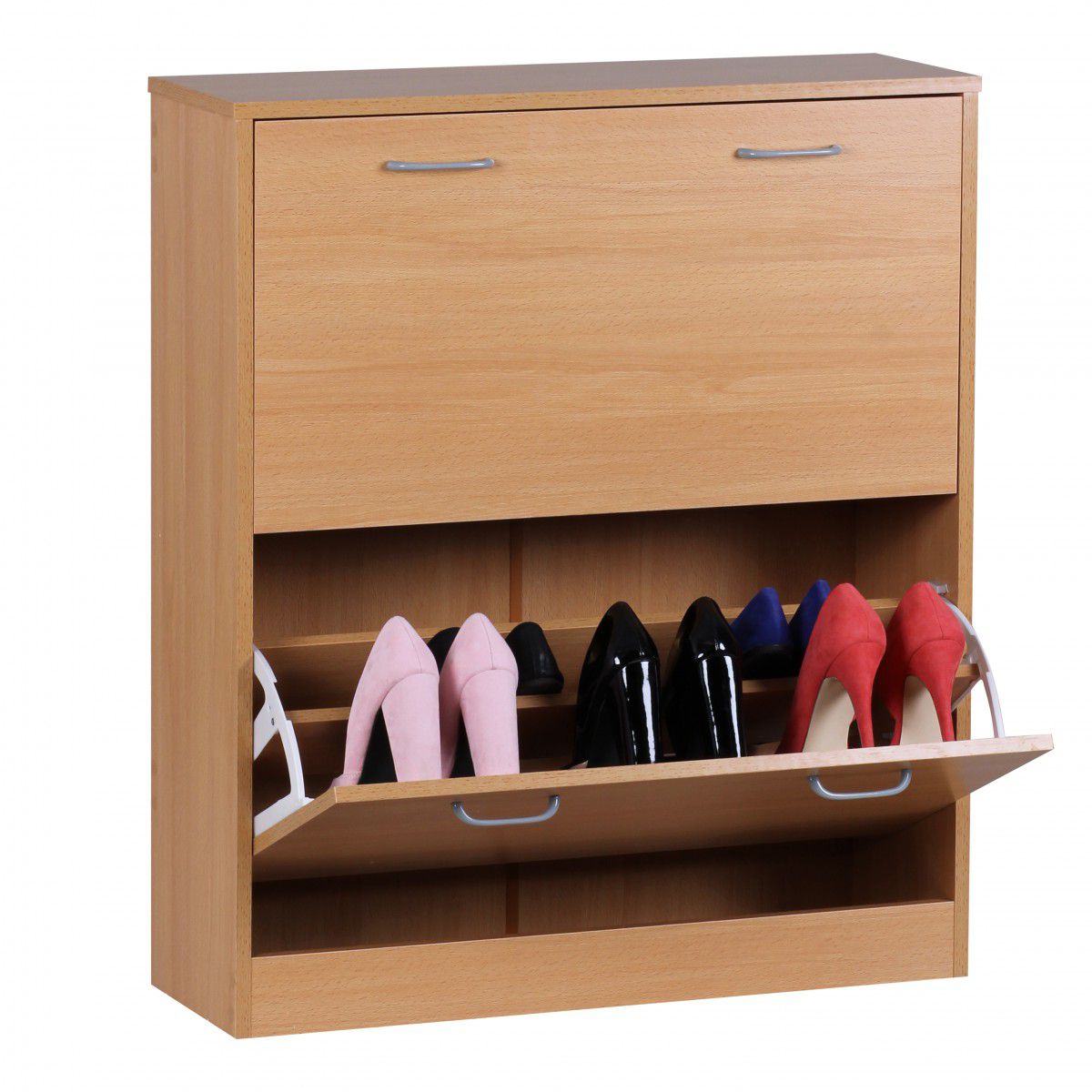 Armoire à chaussures Apolo 146, Couleur : Hêtre / Gris, avec deux compartiments par abattant - dimensions : 87 x 75 x 24 cm (h x l x p)