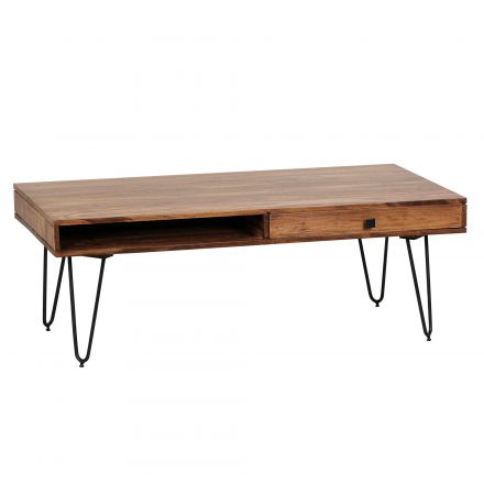 Table de salon avec 2 tiroirs en bois massif de sheesham, Couleur : Sheesham / Noir - Dimensions : 40 x 60 x 110 cm (h x l x p), avec des veines stylées