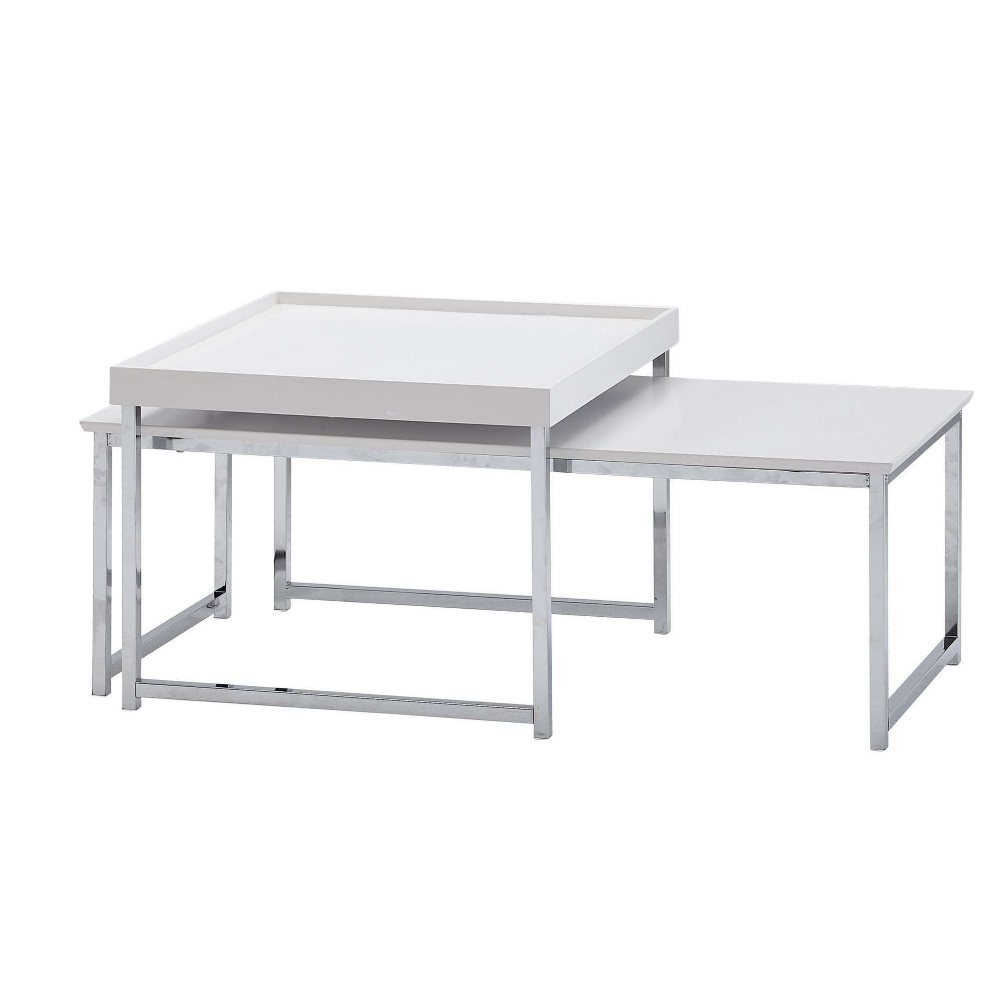 Set de 2 tables de salon, Couleur : Blanc / Argent - dimensions : 110 x 48 x 37 cm et 60 x 60 x 45 cm (L x P x H)