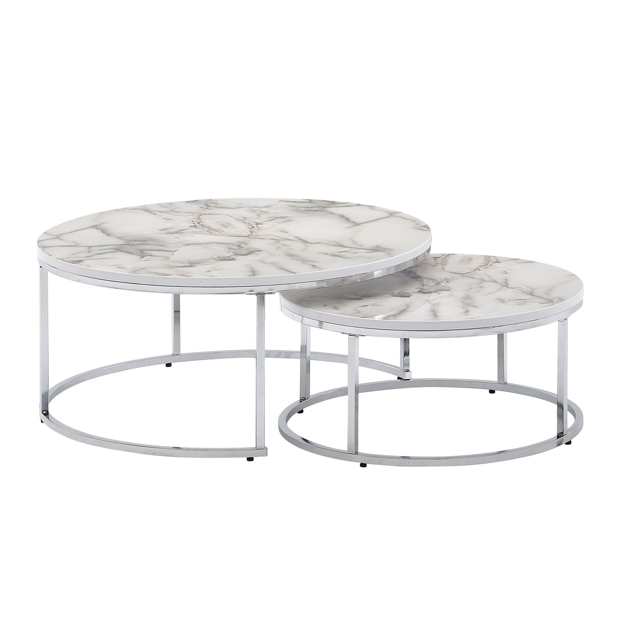 Set de 2 tables de salon rondes, Couleur : Aspect marbre / Argent - dimensions : 80 x 80 x 36 cm et 60 x 60 x 26 cm (L x P x H)