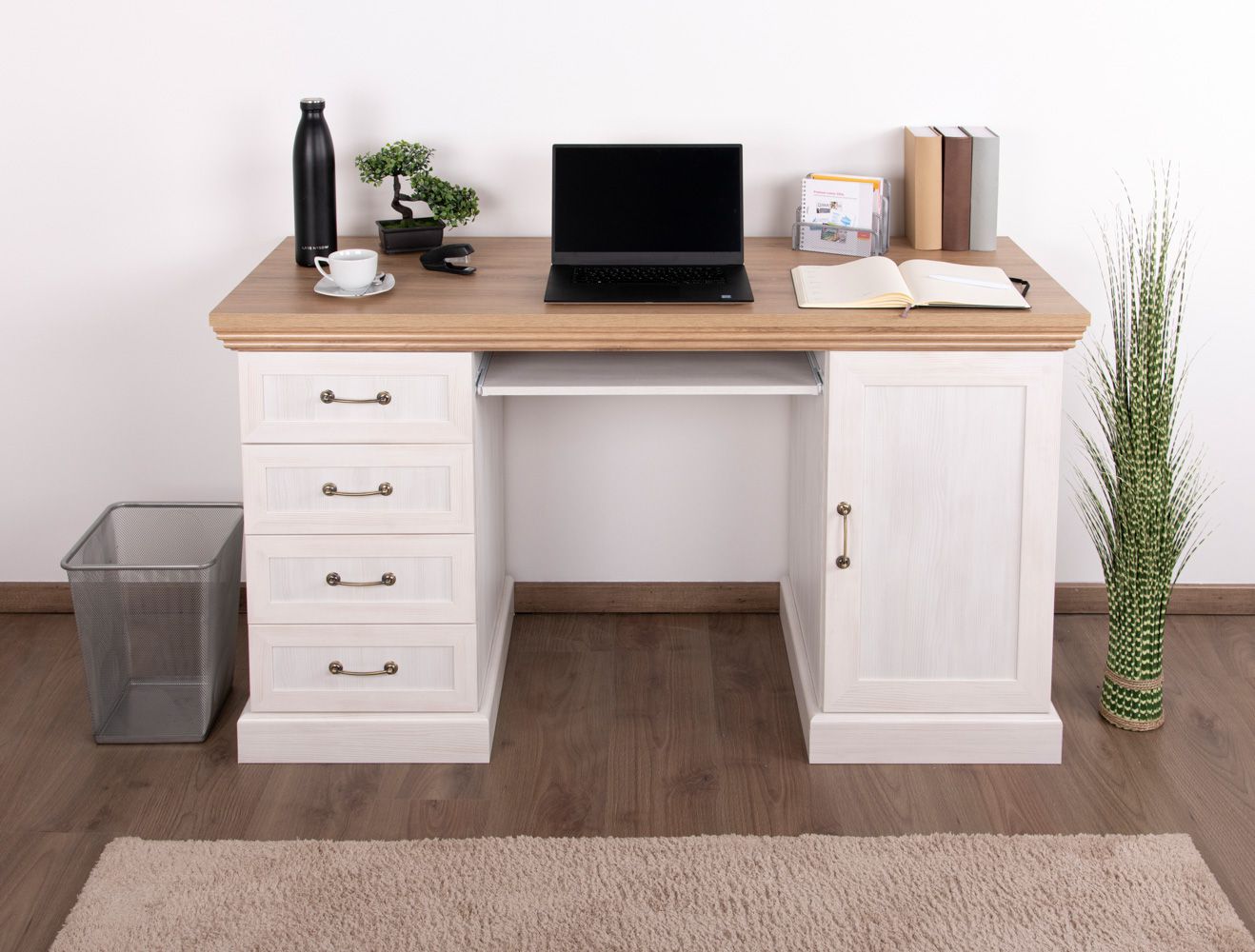 Bureau Badile 17, couleur : blanc pin / brun - 80 x 147 x 55 cm (h x l x p)