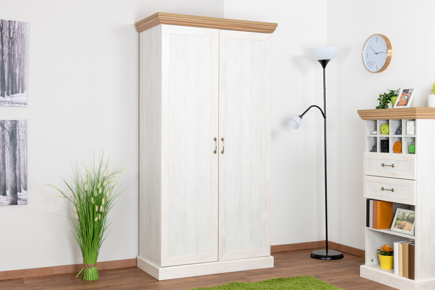 Armoire à portes battantes / armoire Badile 06, couleur : blanc pin / brun - 187 x 97 x 49 cm (h x l x p)