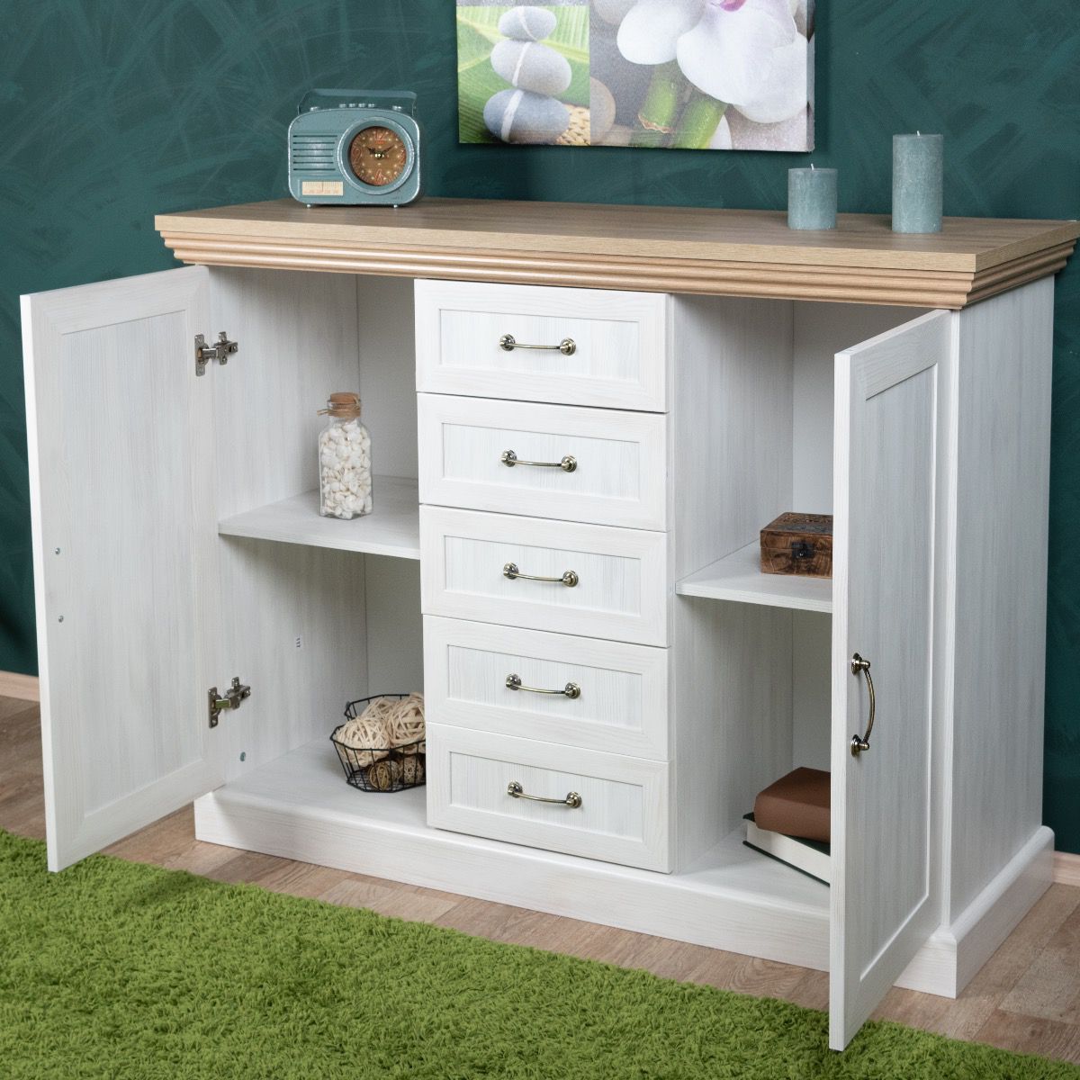 Commode Badile 01, couleur : blanc pin / brun - 98 x 127 x 46 cm (h x l x p)