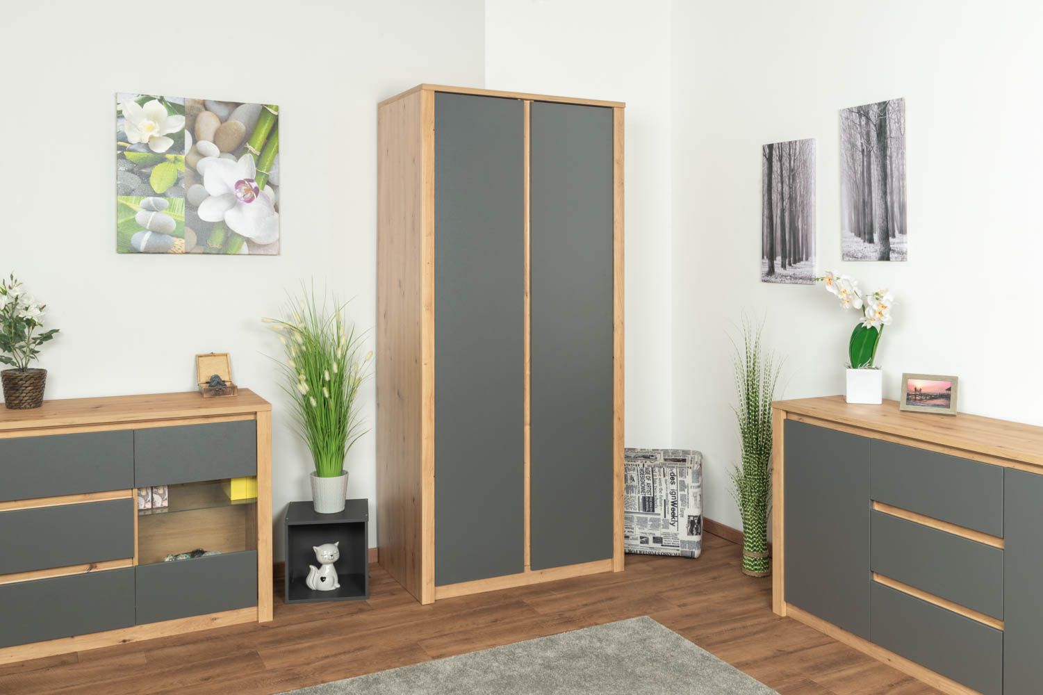 Armoire à portes battantes / penderie Faleula 08, Couleur : Chêne / Gris - 196 x 90 x 53 cm (H x L x P)