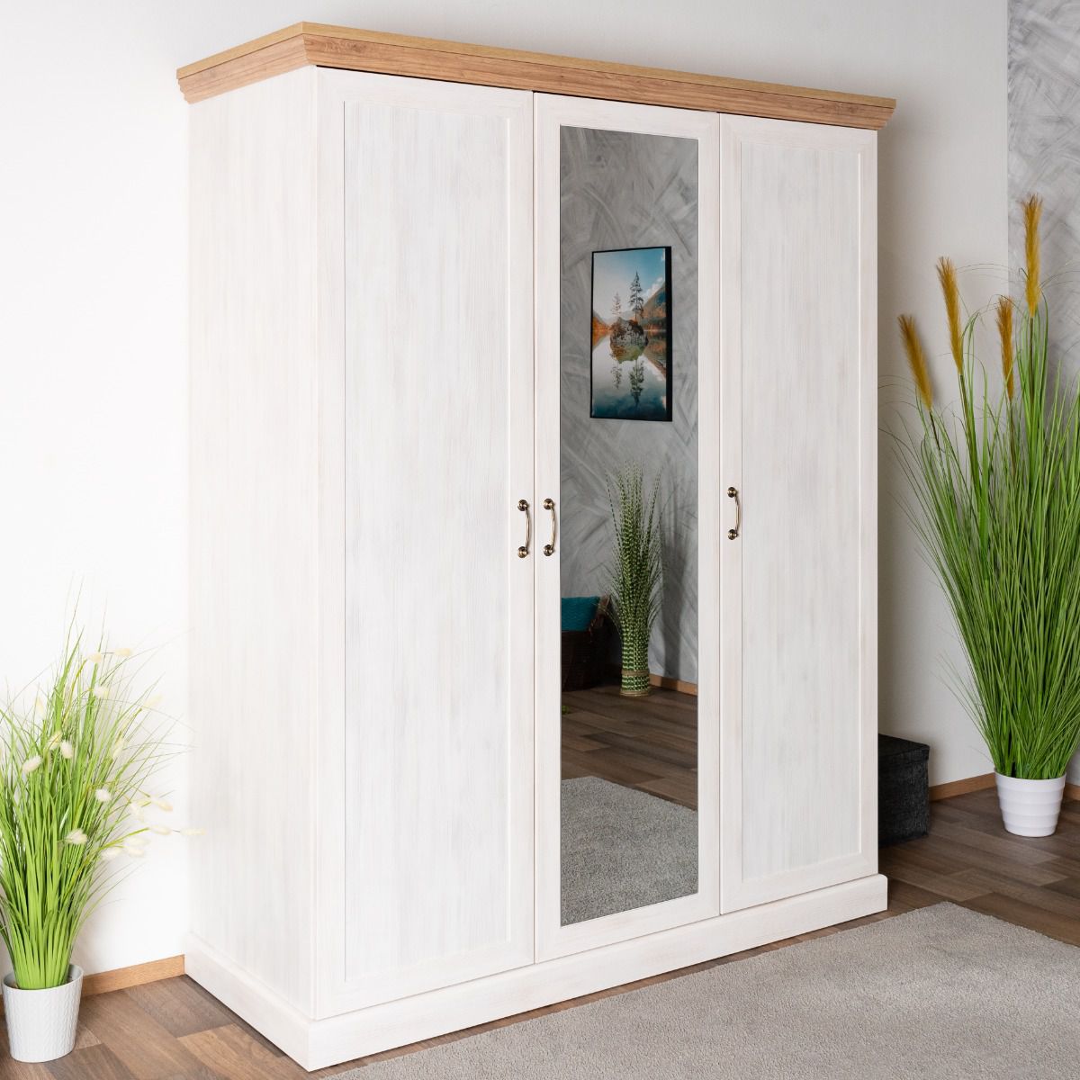 Armoire à portes battantes / armoire Badile 19, couleur : blanc pin / brun - 197 x 157 x 60 cm (h x l x p)