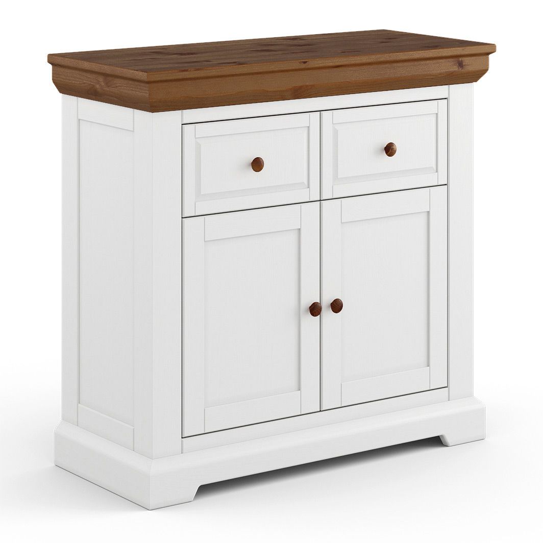 Commode Gimone 14 avec 2 tiroirs, 92 x 95 x 41 cm, en pin finlandais, blanc / tabacco, 2 portes en bois, 1 étagère, 2 compartiments, Soft Close