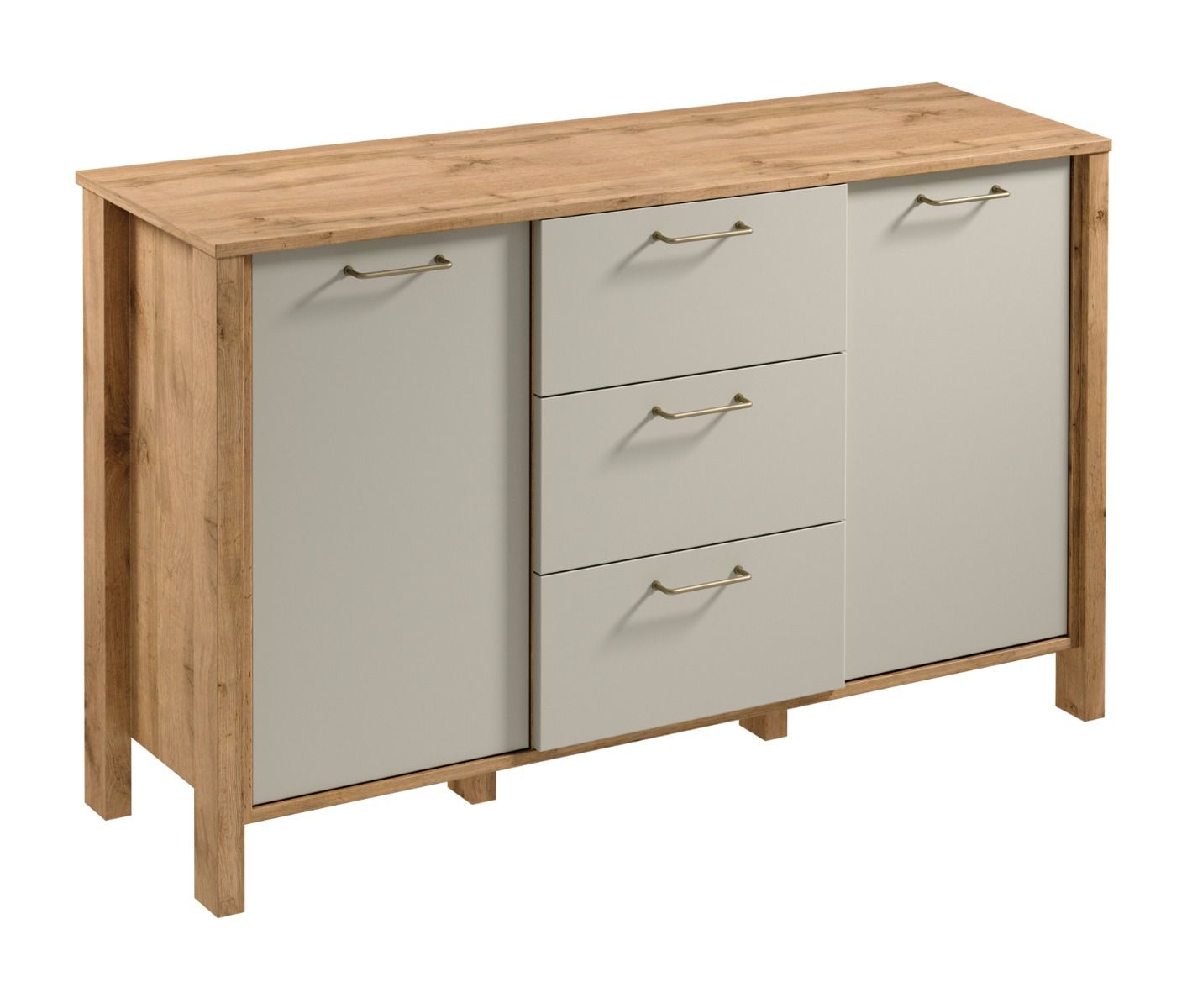 Commode/Buffet Braianik 02 avec 3 tiroirs, 4 compartiments, 2 étagères et 2 portes, poignées en métal, chêne wotan / beige, 81 x 138 x 40 cm