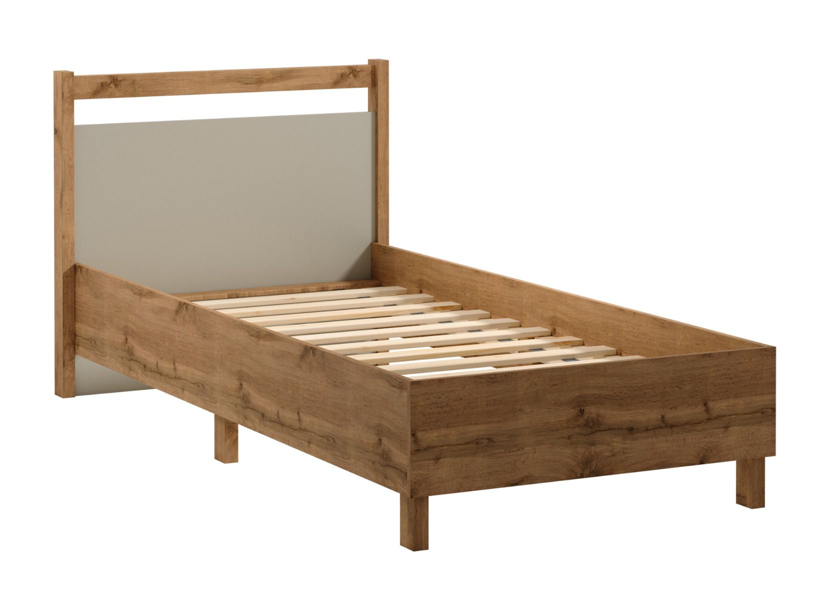 Lit simple Braianik 07 avec Surface de couchage 90 x 200 cm, en Chêne Wotan / Beige, 92 x 101 x 207 cm, protection des bords ABS, sommier à lattes intégré au lit, pieds 36 mm