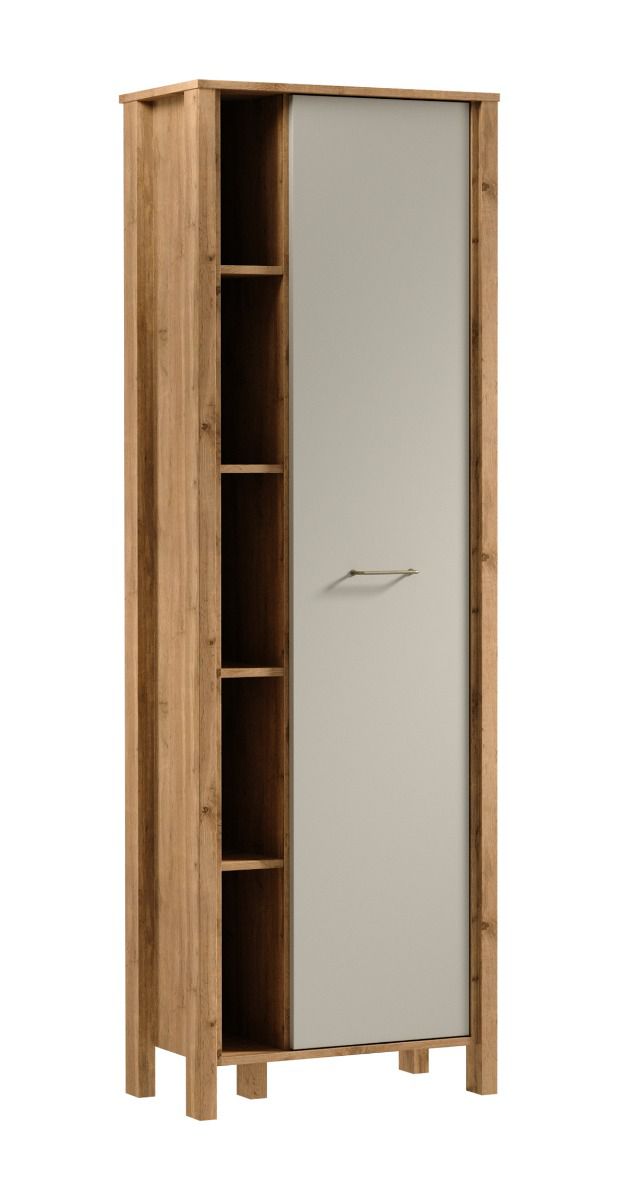 Armoire Braianik 10 en 200 x 66 x 37 cm, avec 5 compartiments ouverts, 1 porte, 5 compartiments, 8 étagères, salon, Chêne Wotan / Beige, poignée en métal