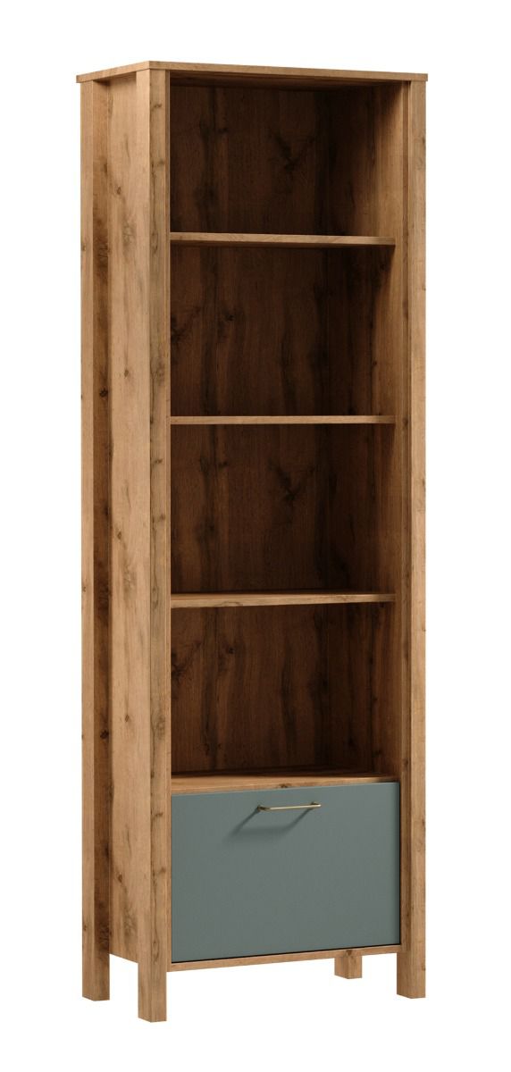 Armoire Braianik 26 avec 1 compartiment à bascule, 200 x 66 x 37 cm, 4 compartiments ouverts, Chêne Wotan / Vert, salon, bureau, poignée en métal, pieds : 36 mm d'épaisseur