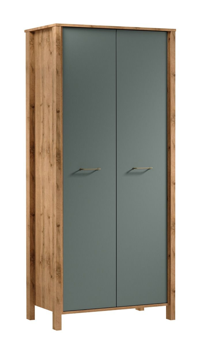 Armoire Braianik 28, Chêne Wotan / Vert, 200 x 90 x 53 cm avec 1 tringle, 2 portes, 2 étagères, 2 compartiments, pieds : 36 mm d'épaisseur, ABS