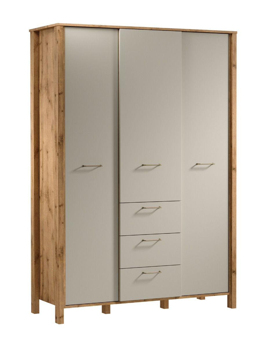 Armoire Braianik 14 avec beaucoup d'espace de rangement, Chêne Wotan / Beige, 200 x 138 x 53 cm, 3 portes, 2 tringles, 8 compartiments, 7 étagères, 3 tiroirs