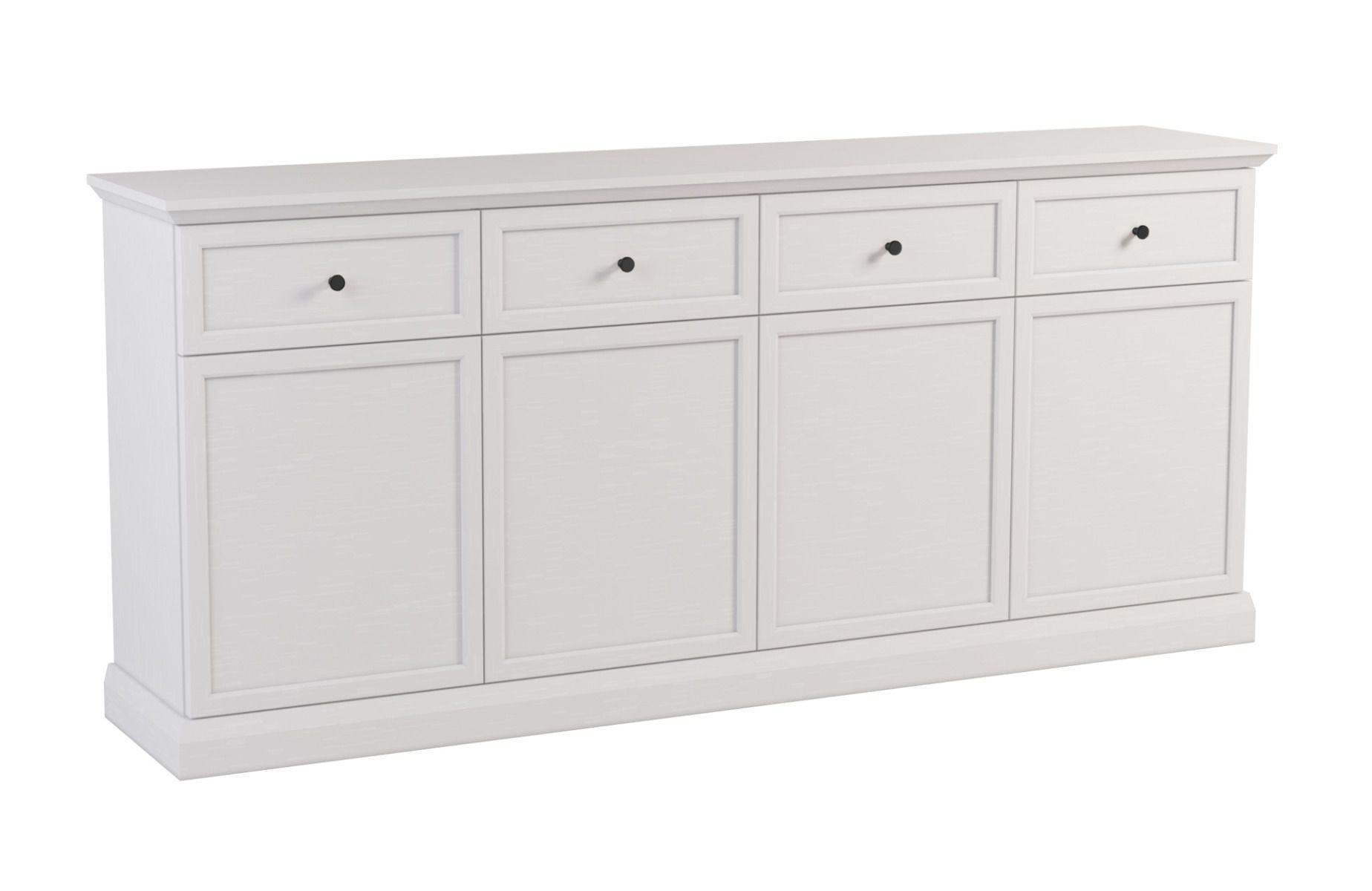 Large commode avec beaucoup d'espace de rangement Torsakala 03 en blanc opale, 86 x 193 x 67 cm, 4 portes, 4 tiroirs, 4 étagères, 8 compartiments, protection des bandes de chant ABS