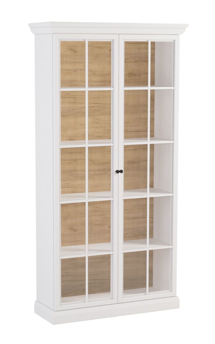 Vitrine Torsakala 07, portes vitrées modernes avec cadre en bois, blanc opalin, 3 étagères, 5 compartiments, éclairage LED inclus, 200 x 103 x 41 cm, poignées en métal