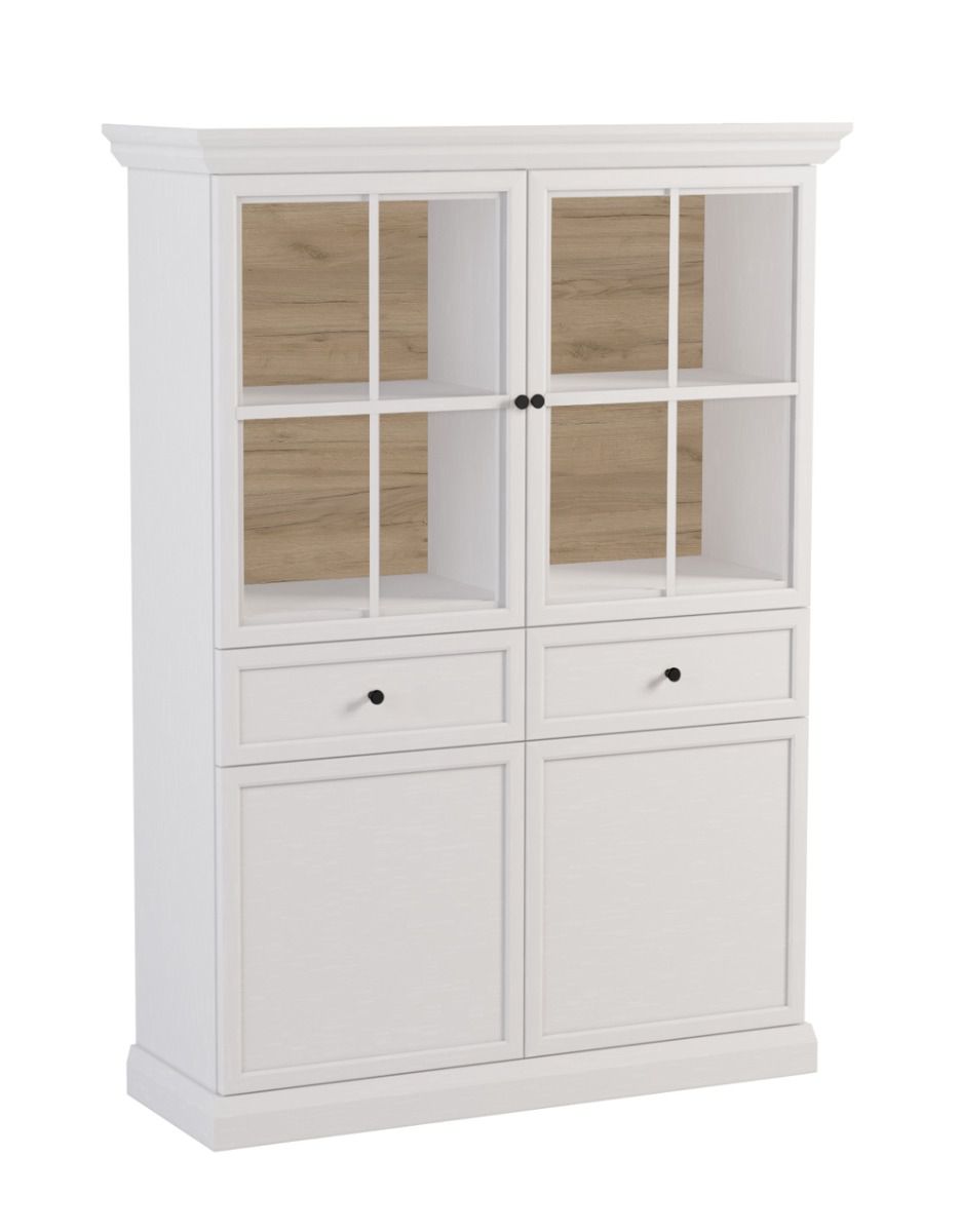 Vitrine Torsakala 09 en blanc opale, 161 x 114 x 40 cm, 8 compartiments, 4 étagères, 2 tiroirs, 2 portes en bois, 2 portes en verre, éclairage LED inclus, ABS