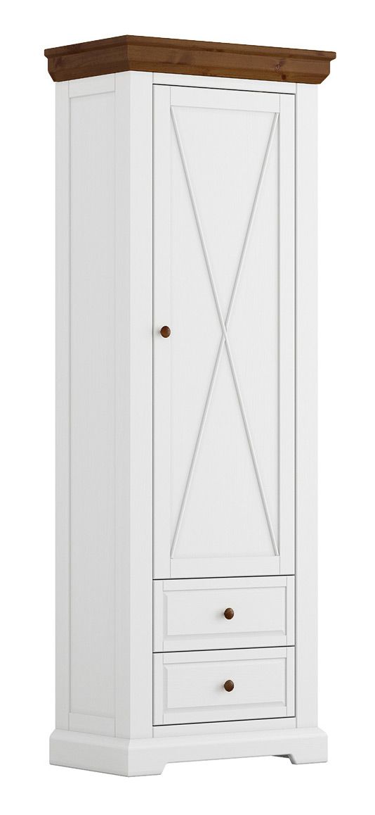 Armoire étroite Gimone 12, en pin finlandais, blanc / tabacco, 200 x 70 x 42 cm, 1 porte en bois, système Soft Close, 2 tiroirs, 1 étagère