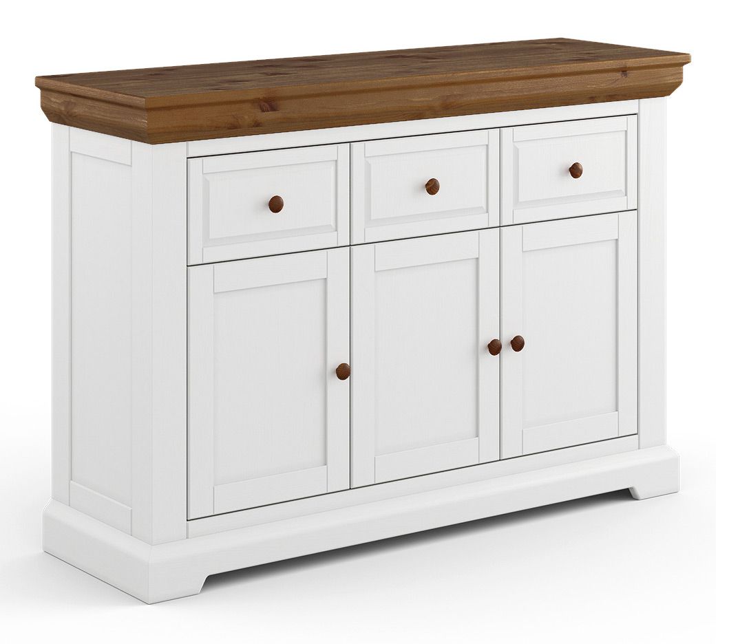 Commode Gimone 15 en blanc / tabacco, 92 x 131,5 x 41 cm, Système de fermeture Soft-Close, pin finlandais, 3 portes en bois, 3 étagères, 3 tiroirs, 4 compartiments