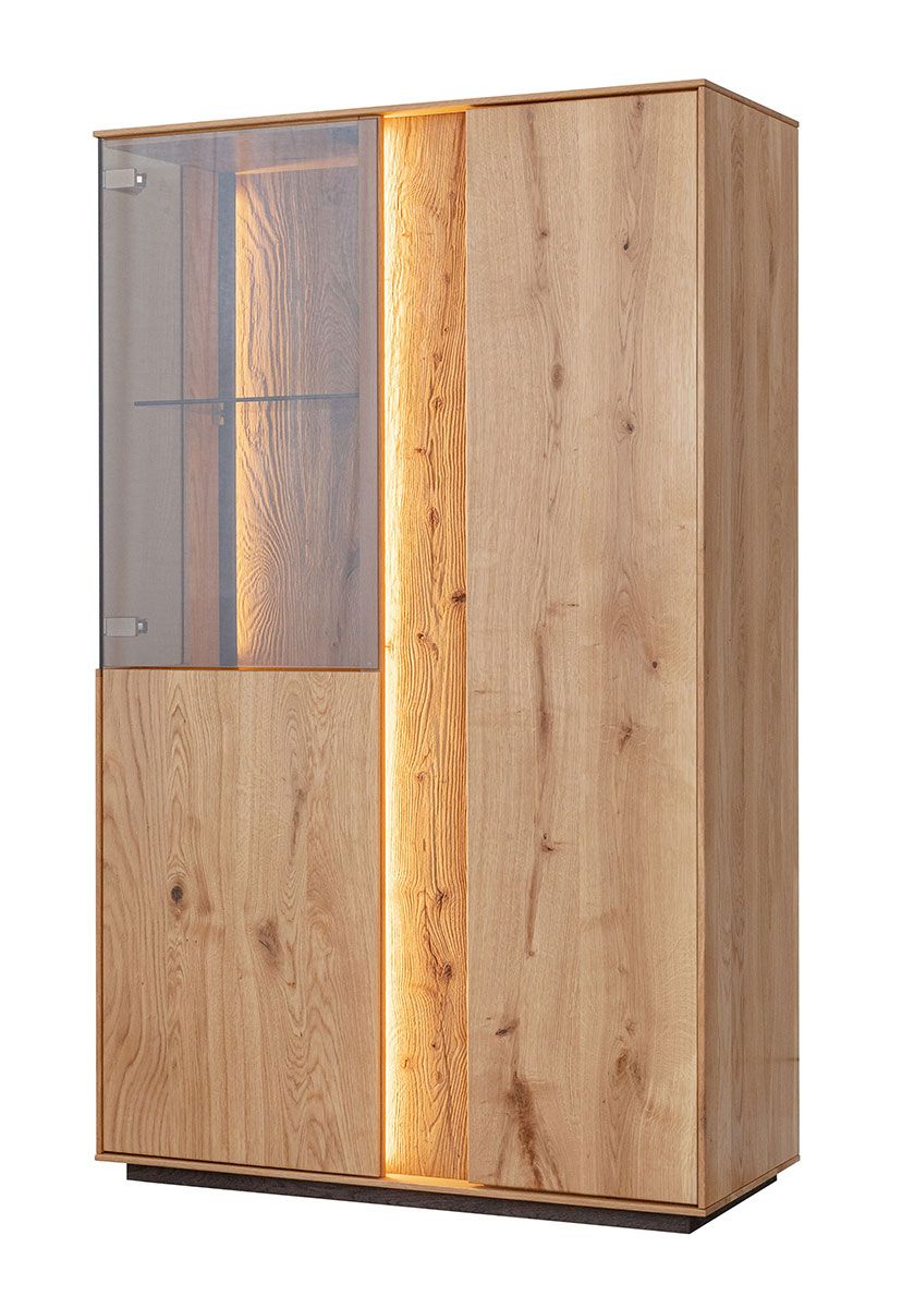 Vitrine Sienne 11 en bois massif de chêne sauvage, 140 x 85 x 37 cm, bois huilé et brossé, 3 portes, 6 étagères, 8 compartiments, push-to-open, éclairage LED inclus