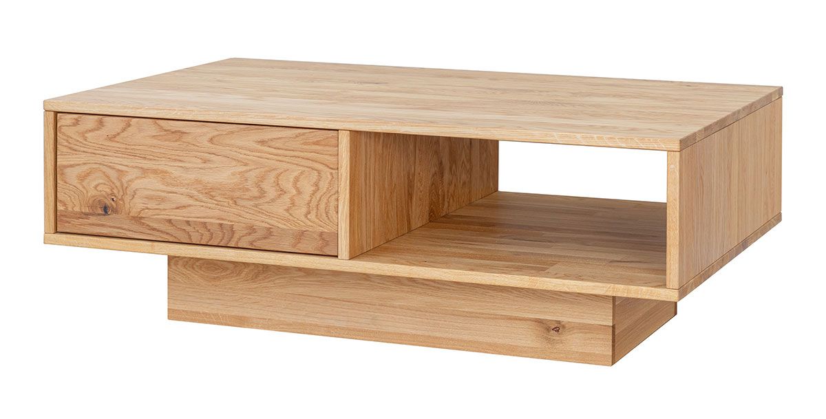 Table basse Sienne 13 avec 1 tiroir, système push-to-open, 110 x 70 x 40 cm, en chêne sauvage huilé, bois massif brossé, 1 grand et 1 petit compartiment