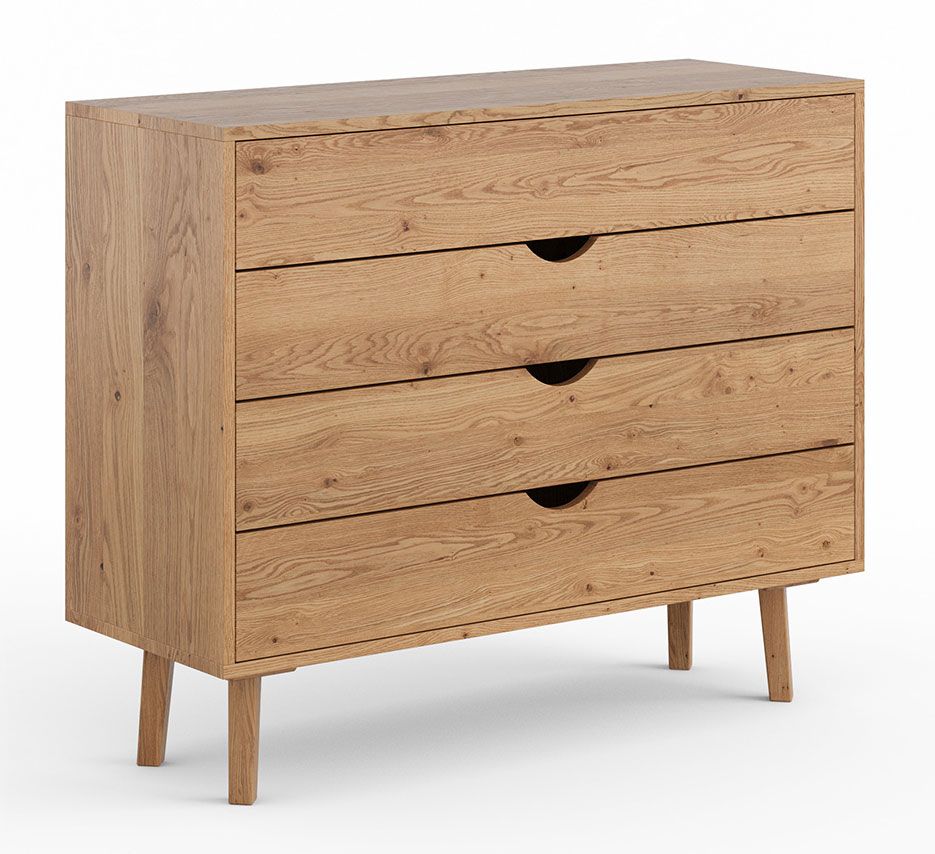 Commode Mina 04, en chêne naturel, surface huilée, bois massif, 90 x 110 x 40 cm, 3 tiroirs avec fermeture en douceur, 1 tiroir avec fonction push-to-open