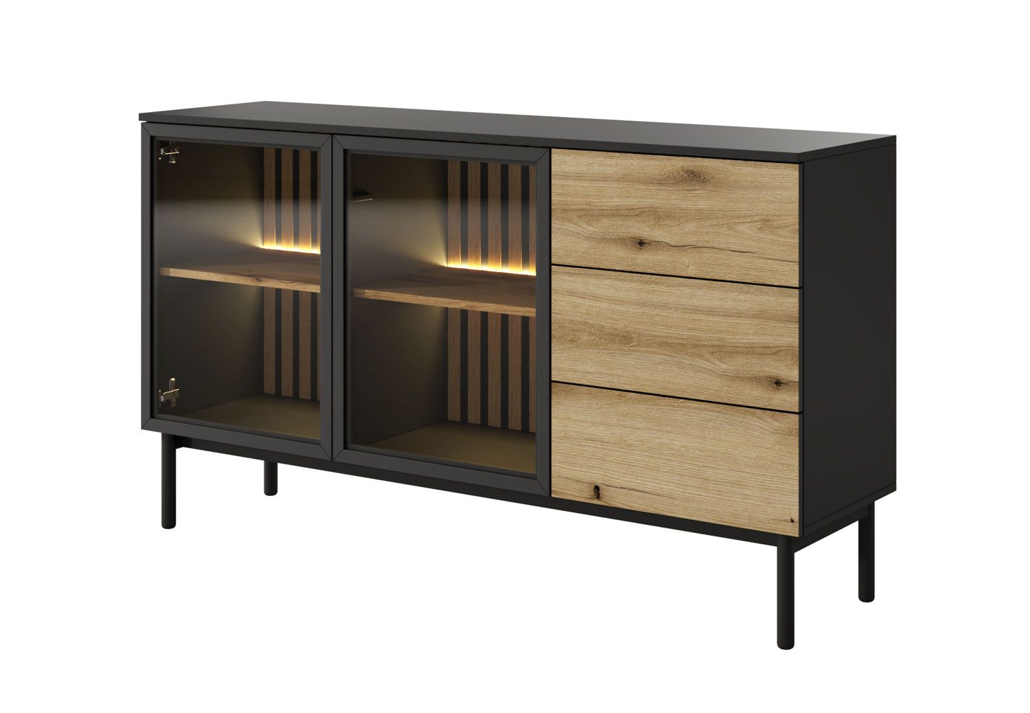 Commode moderne avec éclairage LED Zeraoua 03, Couleur : Noir / Chêne, fonction push-to-open, dimensions : 84 x 150 x 39 cm, trois tiroirs, protection des bords ABS