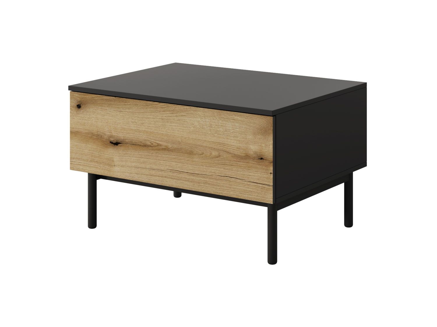 Table basse sobre avec fonction push-to-open Zeraoua 07, Couleur : Noir / Chêne, dimensions : 48 x 80 x 60 cm, pieds : Bois, protection des bords ABS, un tiroir