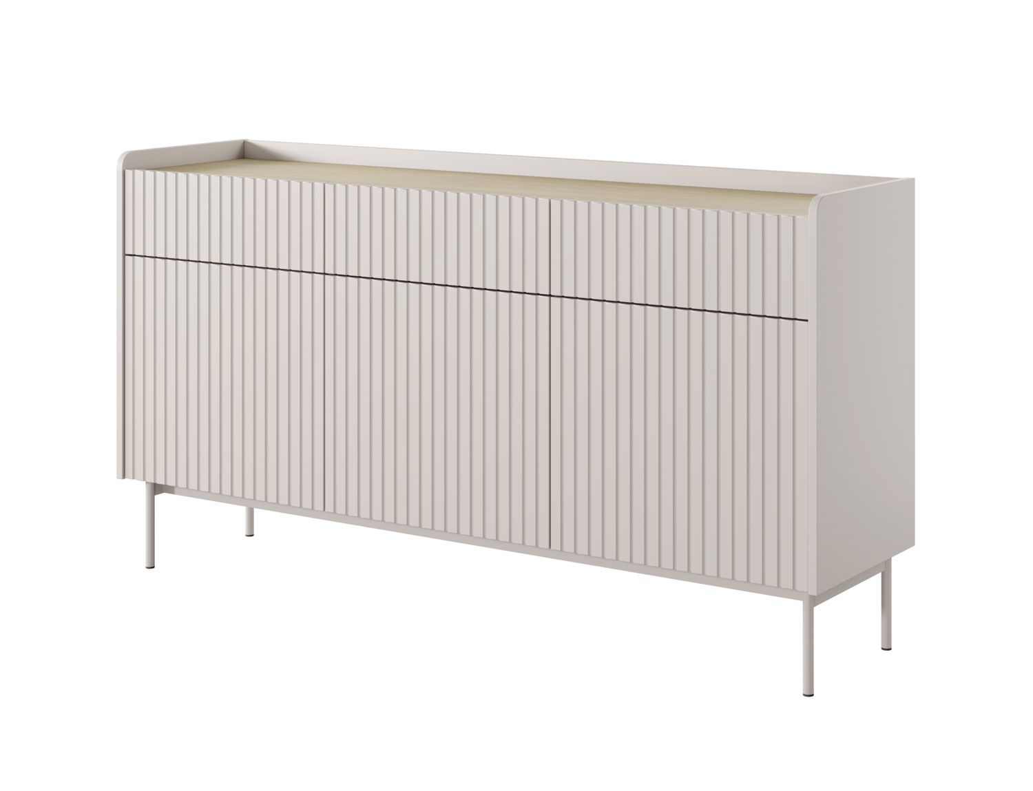 Commodeavec push-to-open Skhira 02, push-to-open, Couleur : Beige / Chêne Scandi, trois portes, Dimensions : 82 x 153 x 38 cm, trois tiroirs, ABS protection des chants