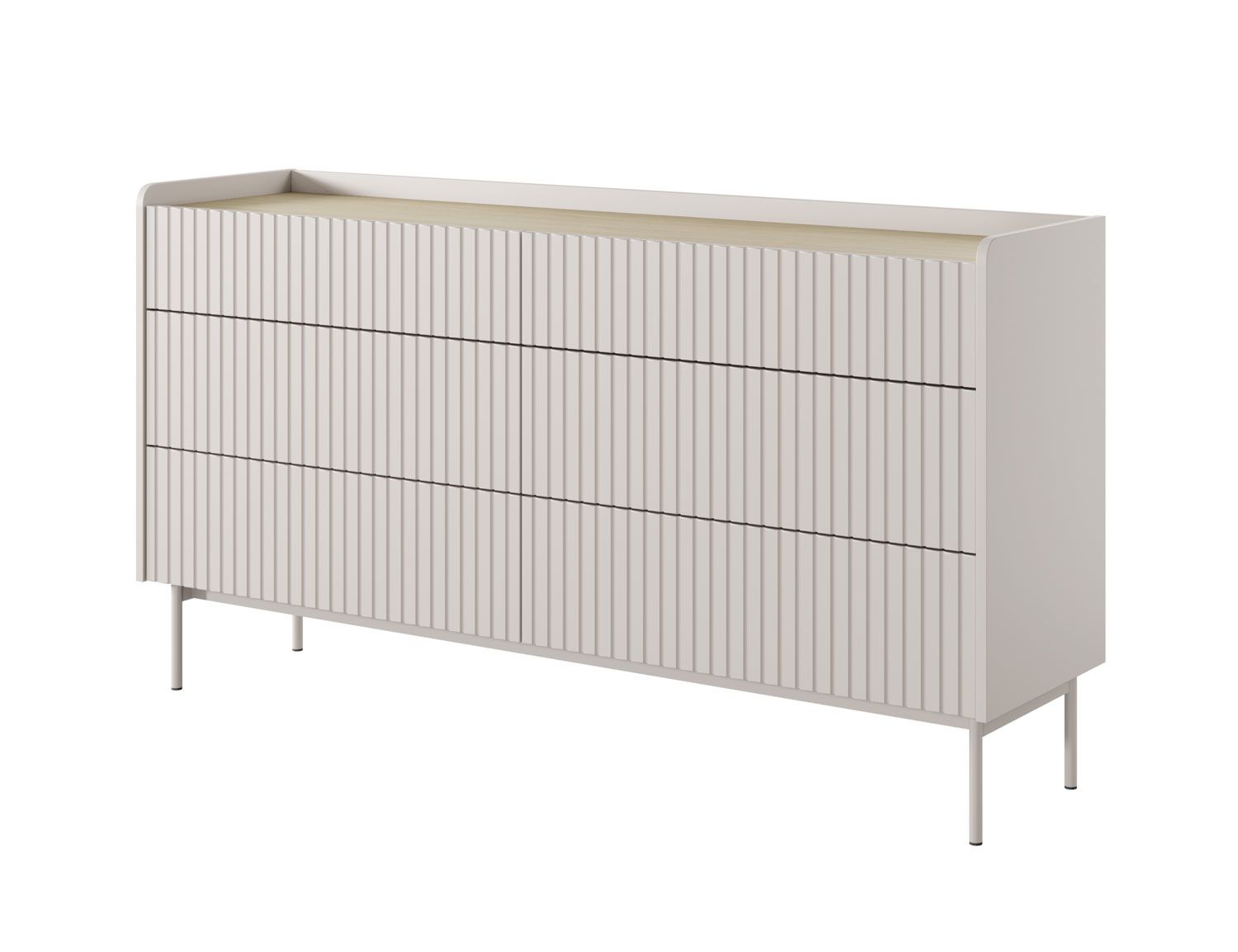 Commode sobre à six tiroirs Skhira 03, design moderne, Couleur : Beige / Chêne Scandi, Push-to-open, protection des bords ABS, Pieds : Métal